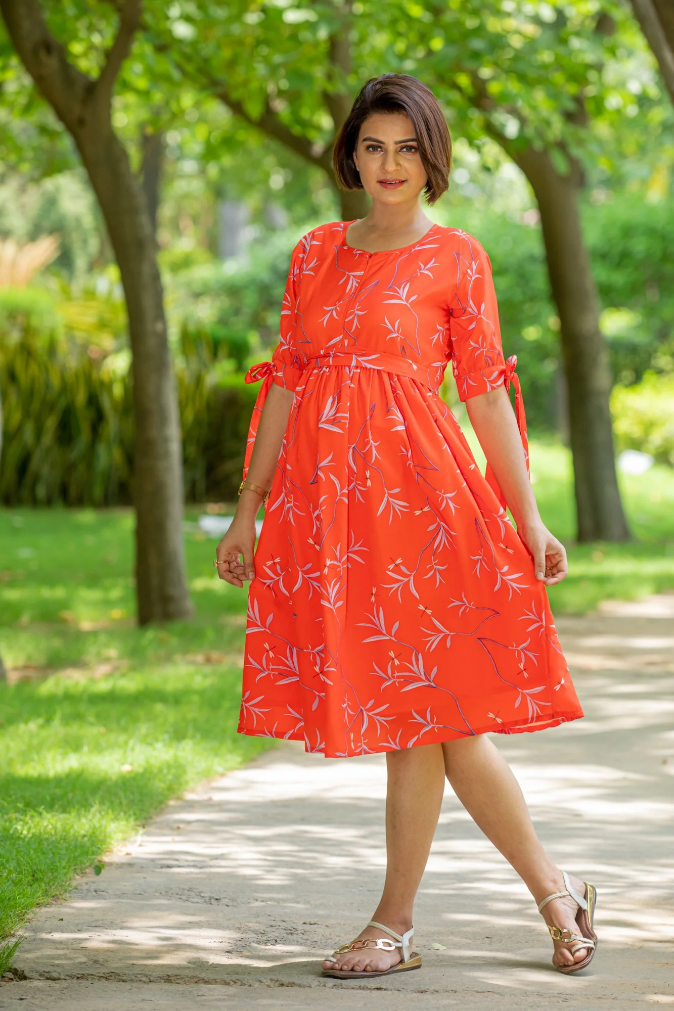 Tangerine Side Ties Maternity & Nursing Dress - Chenance