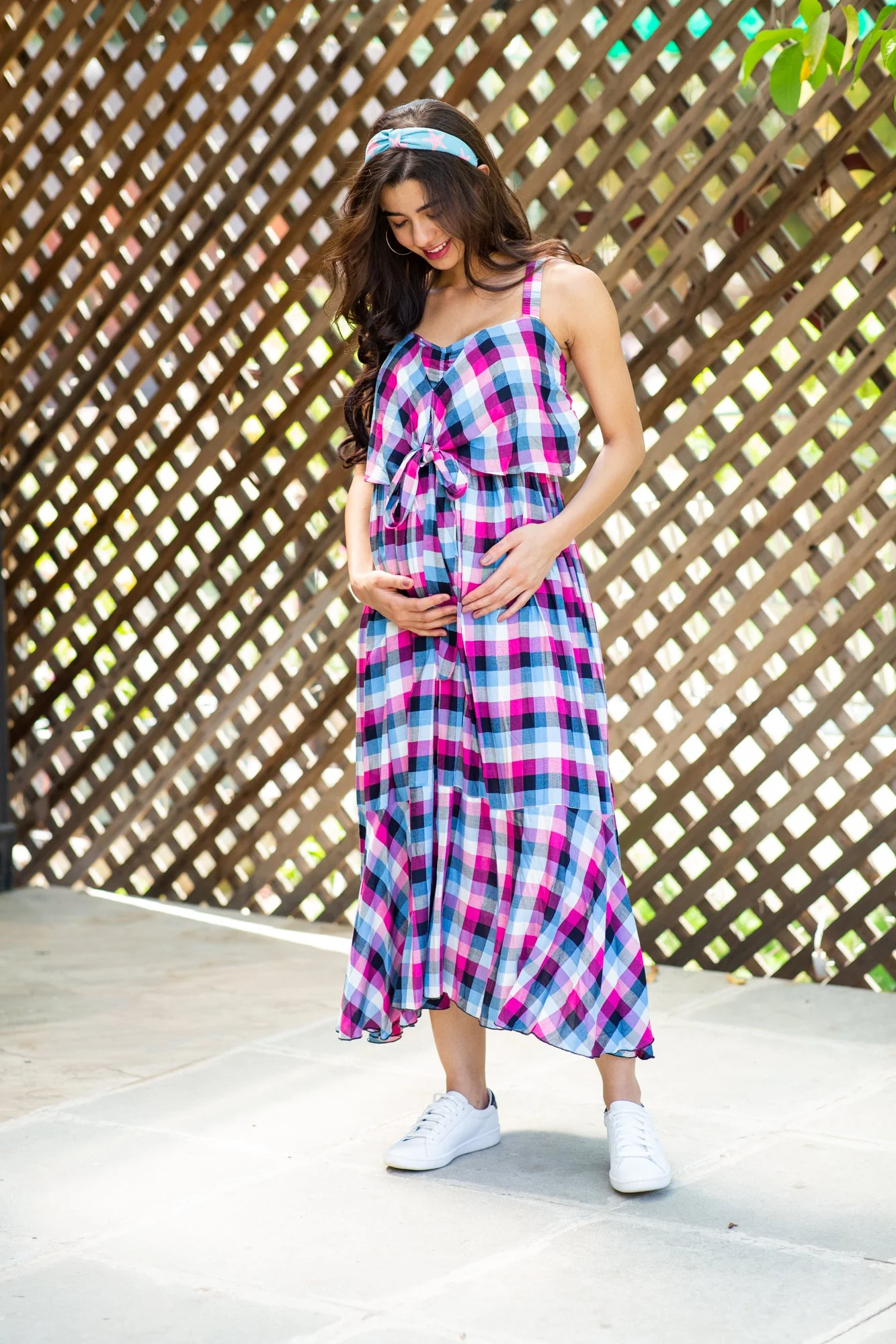 Arctic Pink Gingham Dual Bow Maternity Dress - Chenance