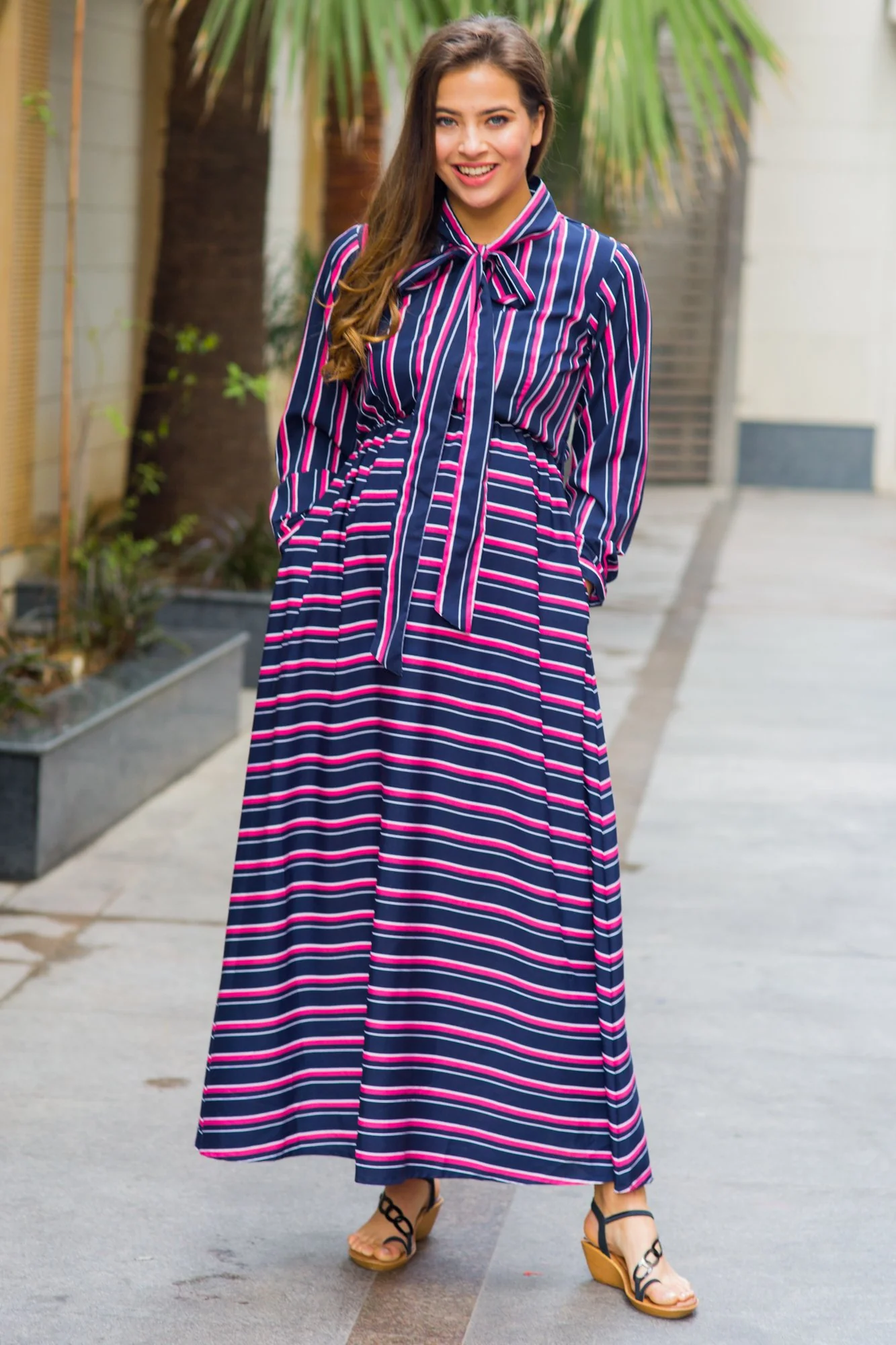 Unique Striped Neck Tie Bishop Sleeve Maternity & Nursing Dress - Chenance