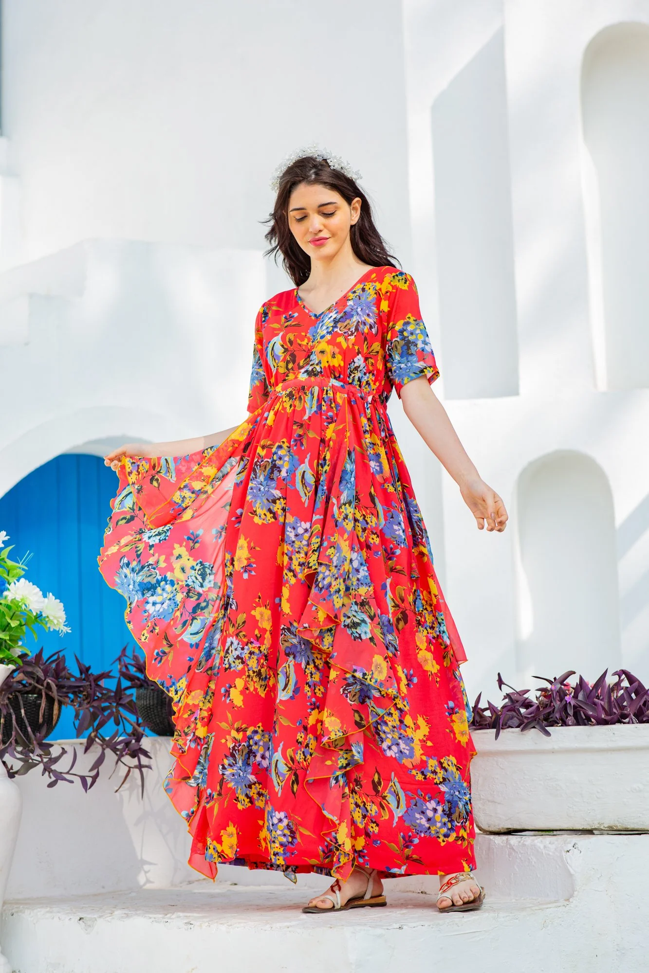 Vibrant Red Floral Maternity Flow Dress - Chenance