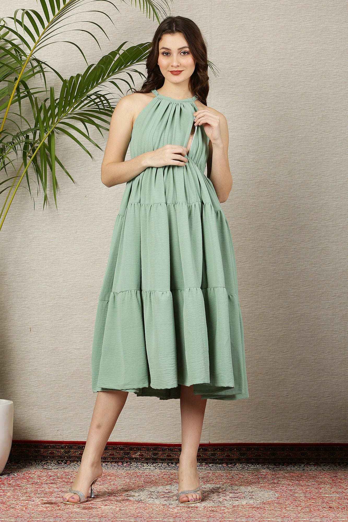 Swing Pistachio Layered Maternity & Nursing Flow Dress - Chenance