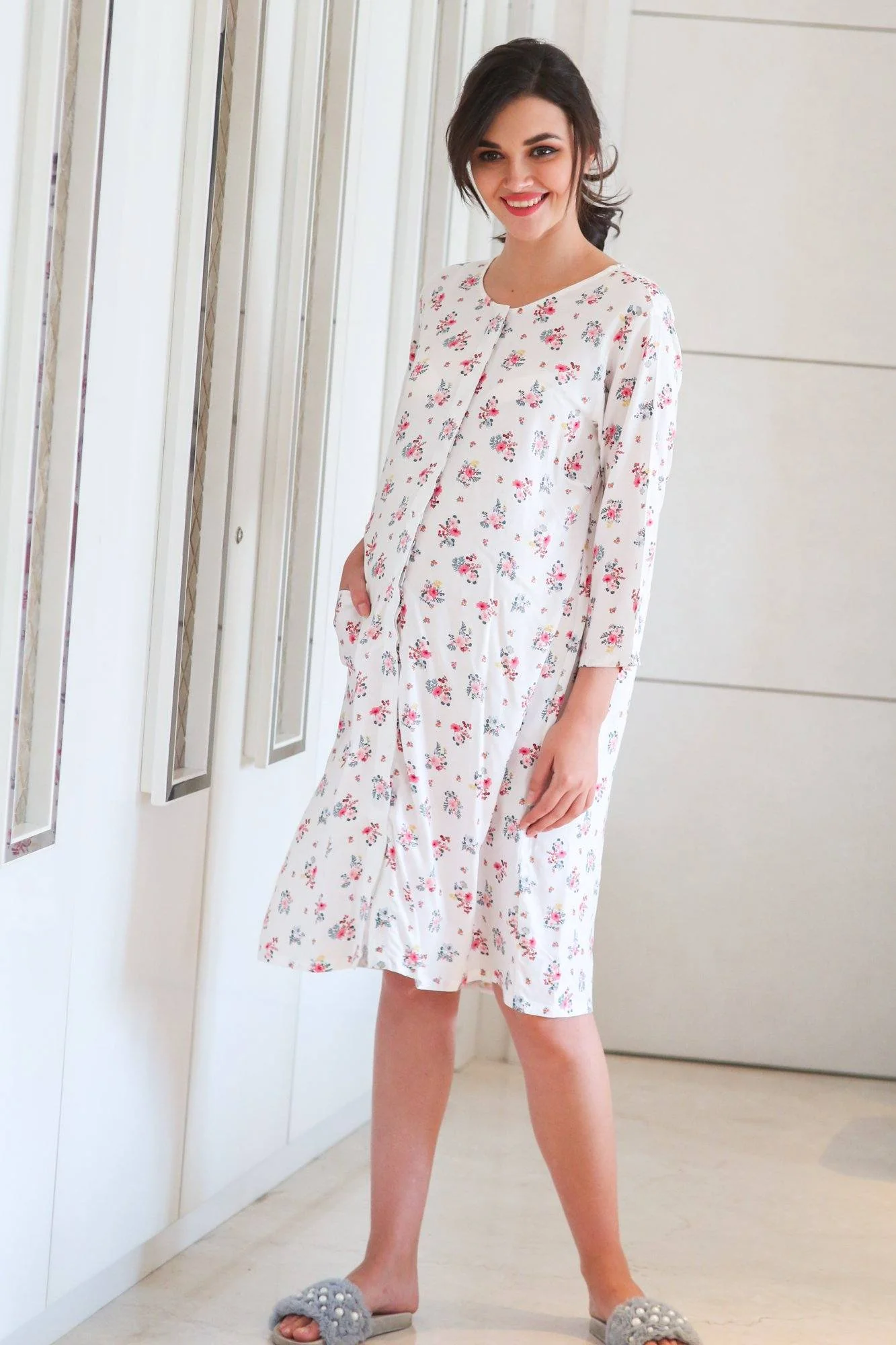 White Floral Maternity & Nursing Night Shirt Dress - Chenance