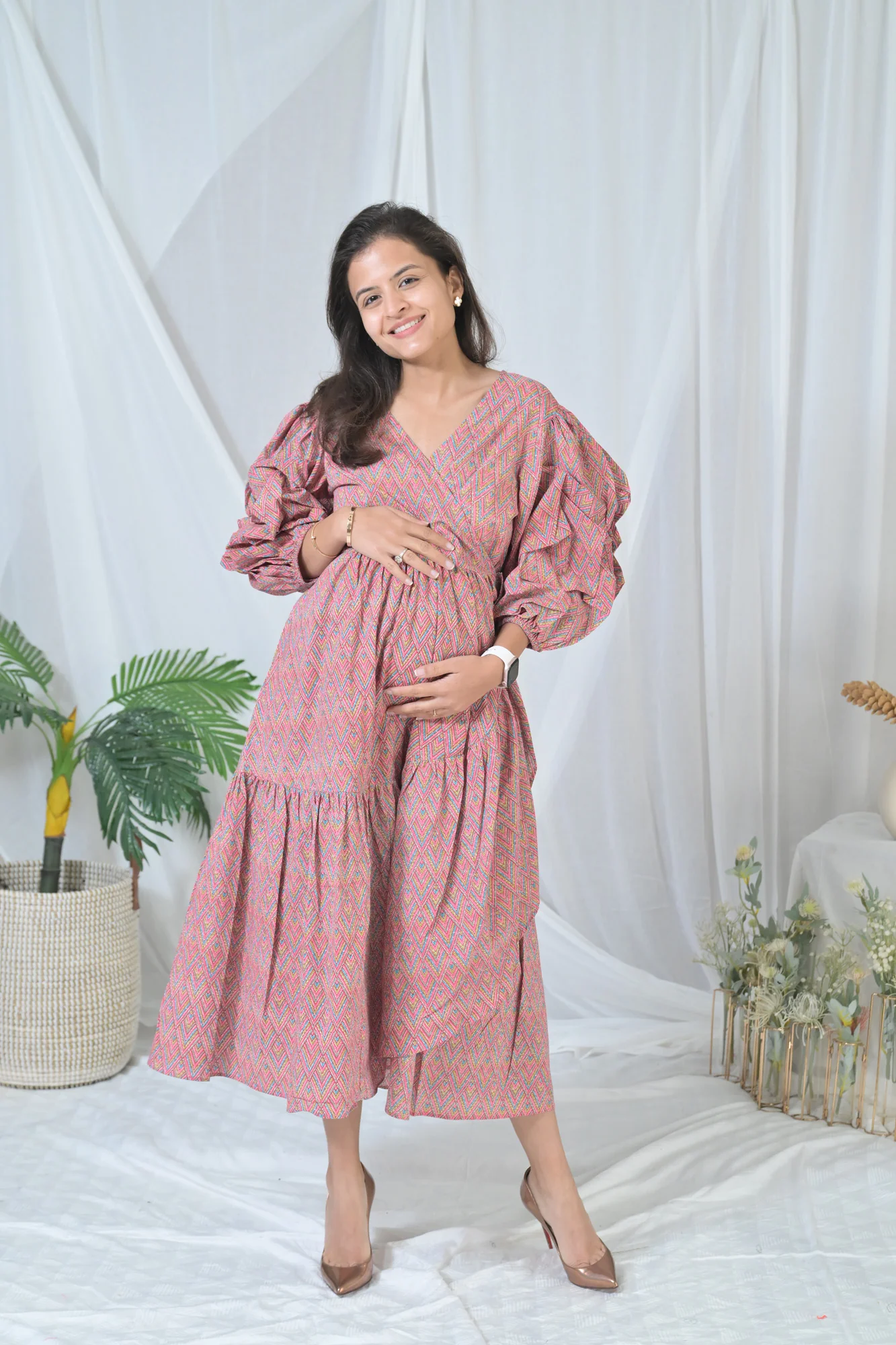 Nautical Pink Maternity & Nursing Frill Wrap Dress (100% Cotton) - Chenance