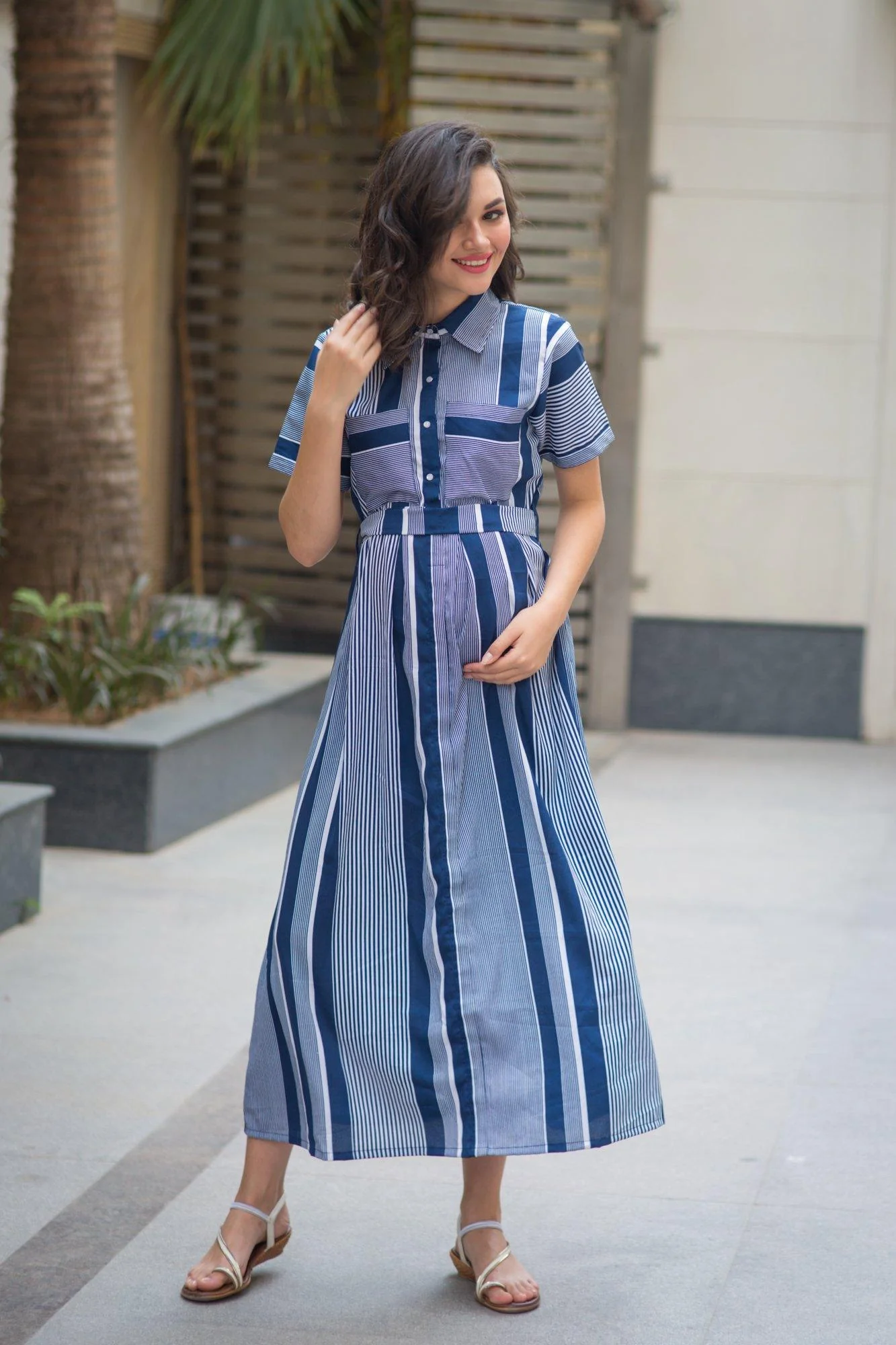 Alum Striped Nursing Crepe Dress - Chenance