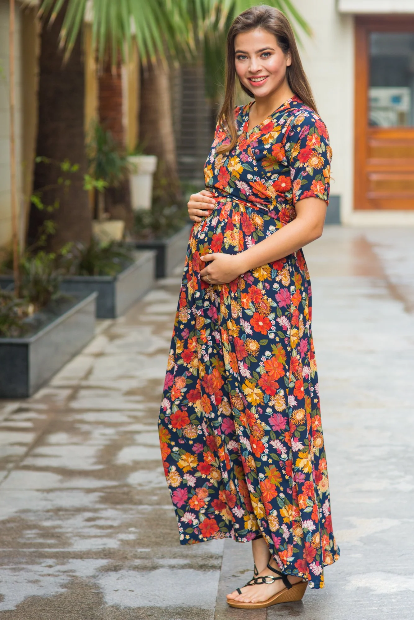 Vivacious Blue Floral Maternity & Nursing Wrap Dress - Chenance