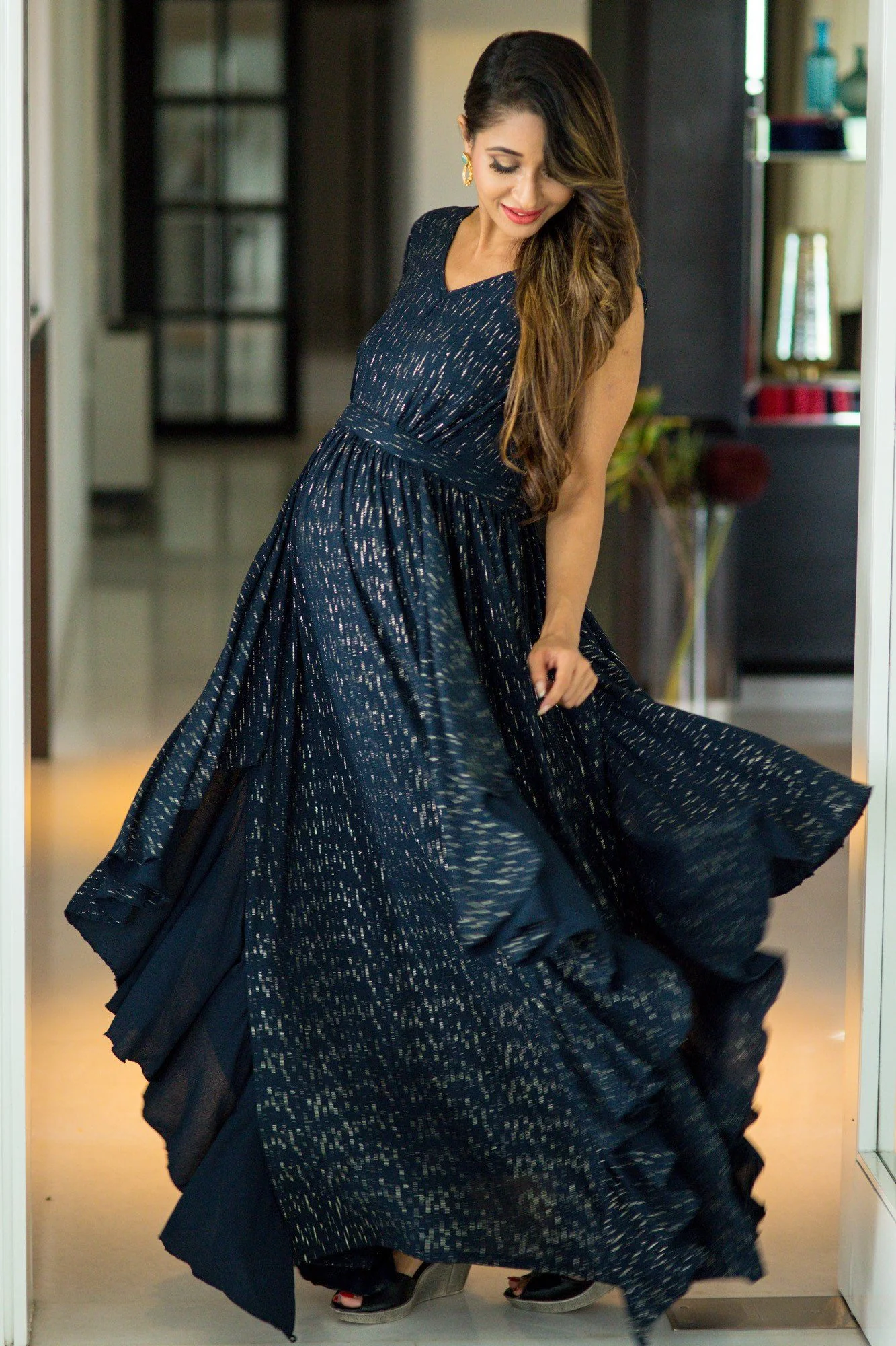 Gold Embellished Blue Maternity Maxi Dress - Chenance