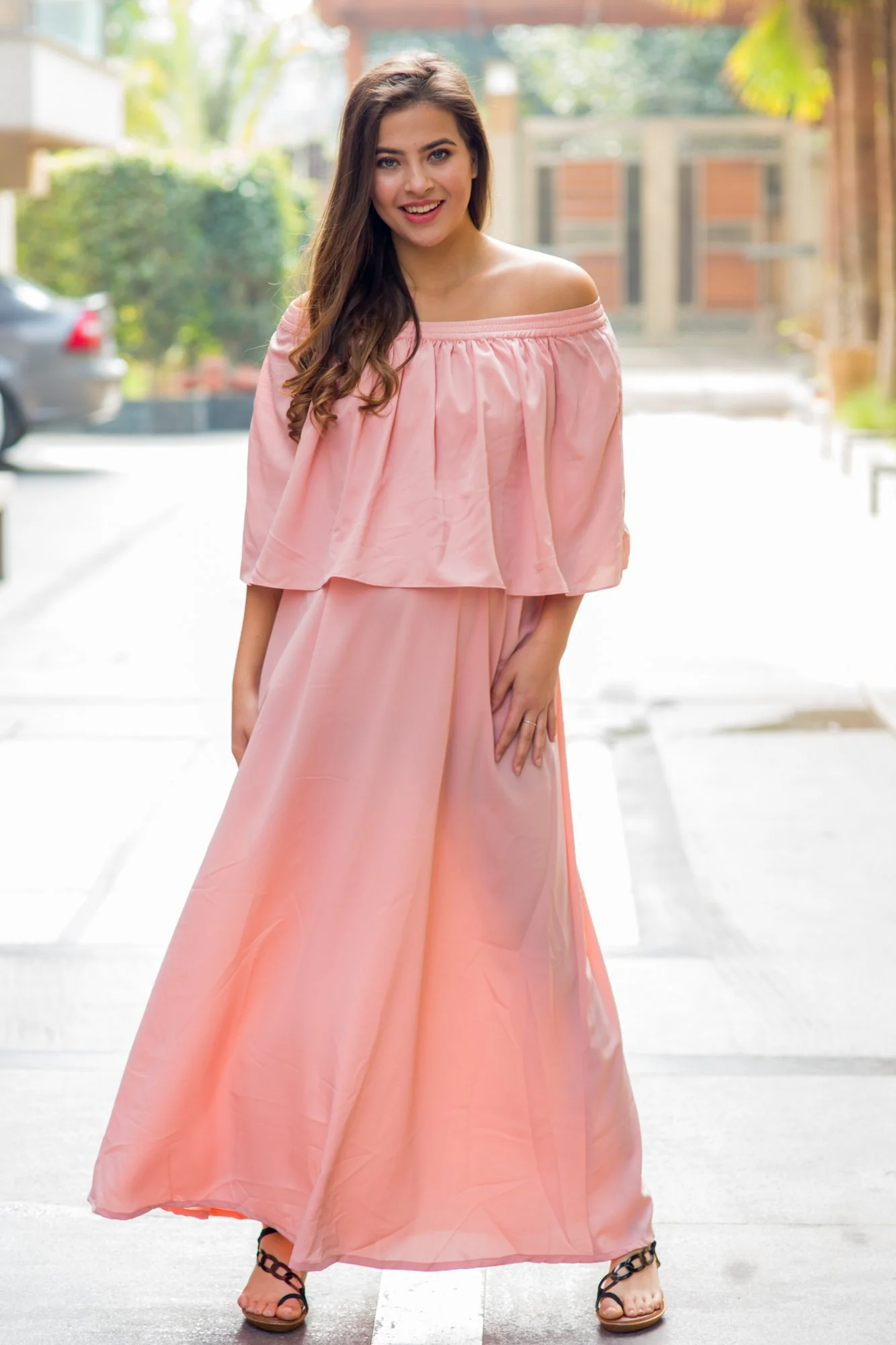 Peachy Pink Off-Shoulder Maternity Maxi Dress - Chenance