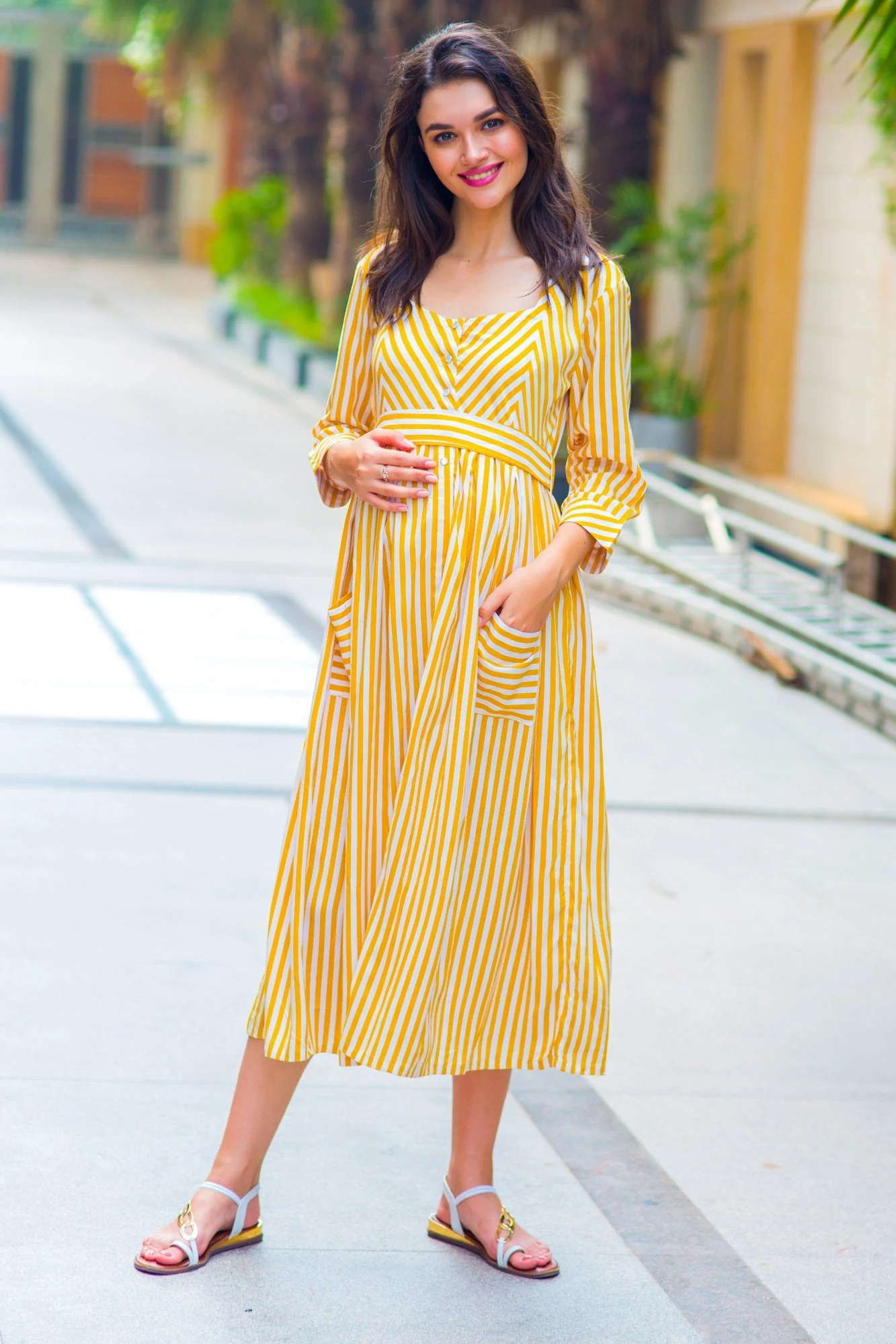 Sunshine Striped Pocket Maternity & Nursing Dress - Chenance