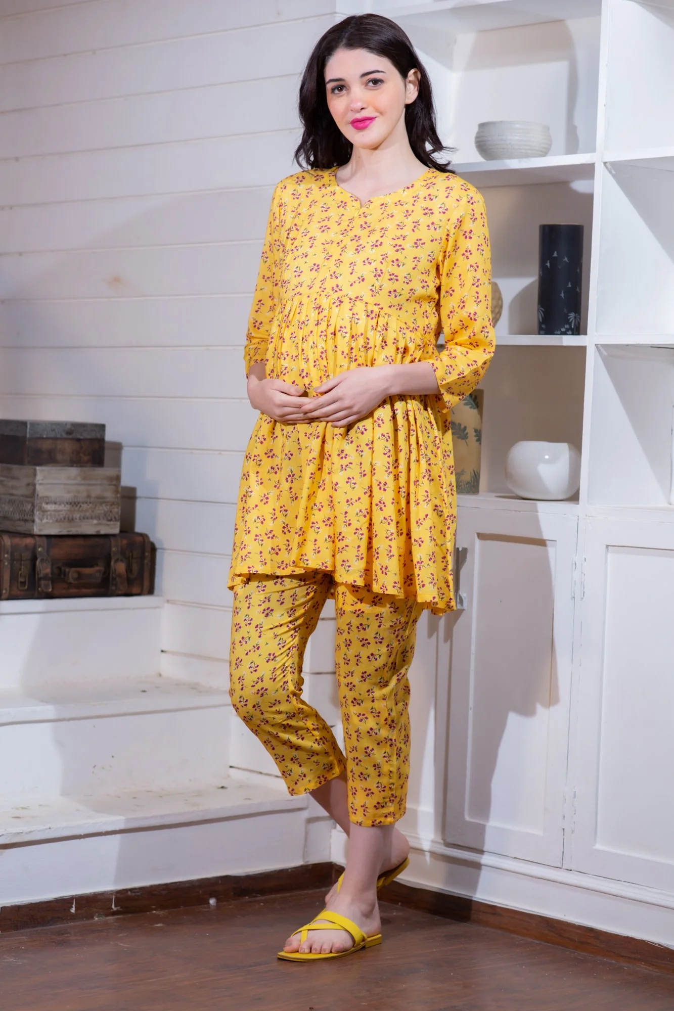 Angelic Yellow Maternity & Nursing Night Suit Set - Chenance