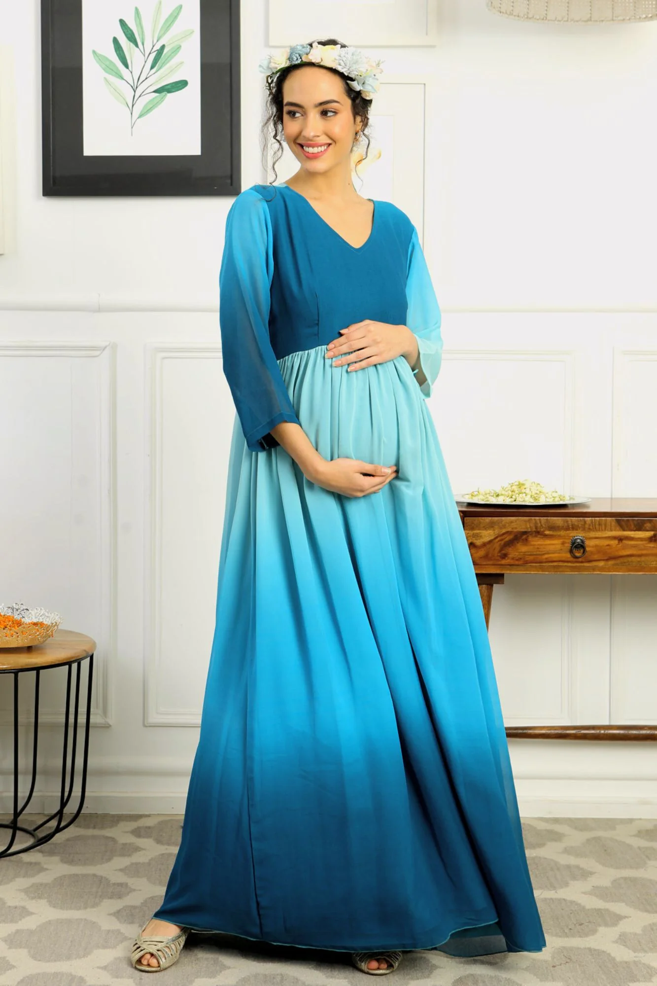 Paradise Blue Monochromatic Maternity Flow Maxi Dress - Chenance