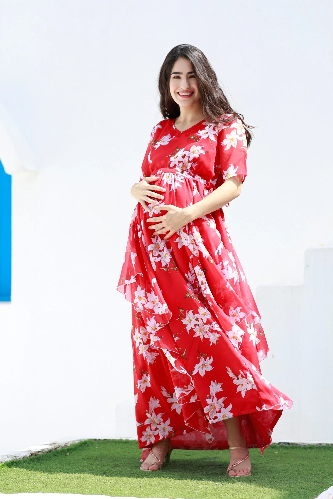 Crimson Red Blossom Maternity Flow Dress - Chenance