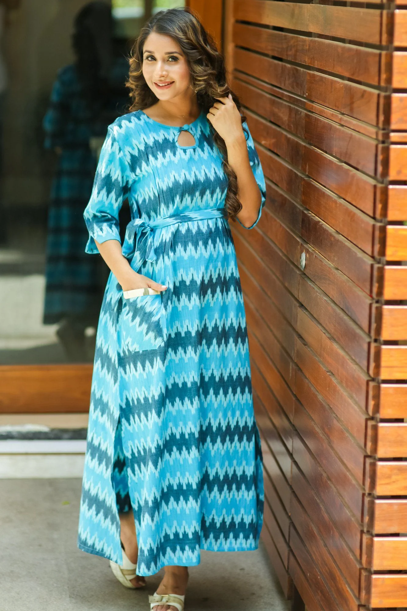 Aqua Ikat Side Slit Concealed Zips Feeding Dress - Chenance