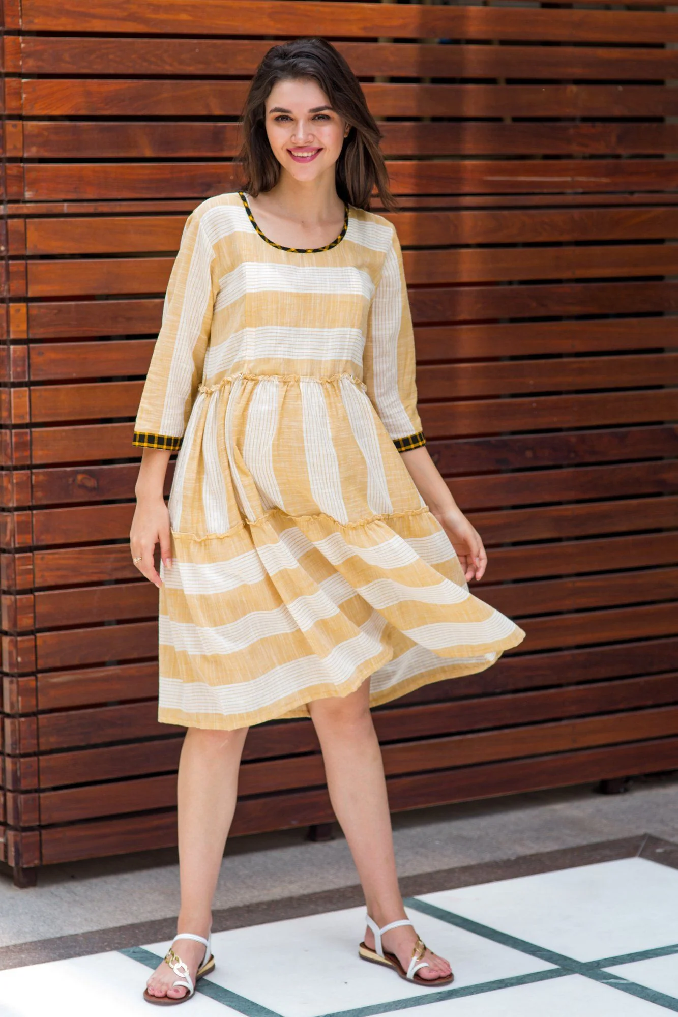 Cotton Tan Yellow Stripe Maternity & Nursing Dress - Chenance