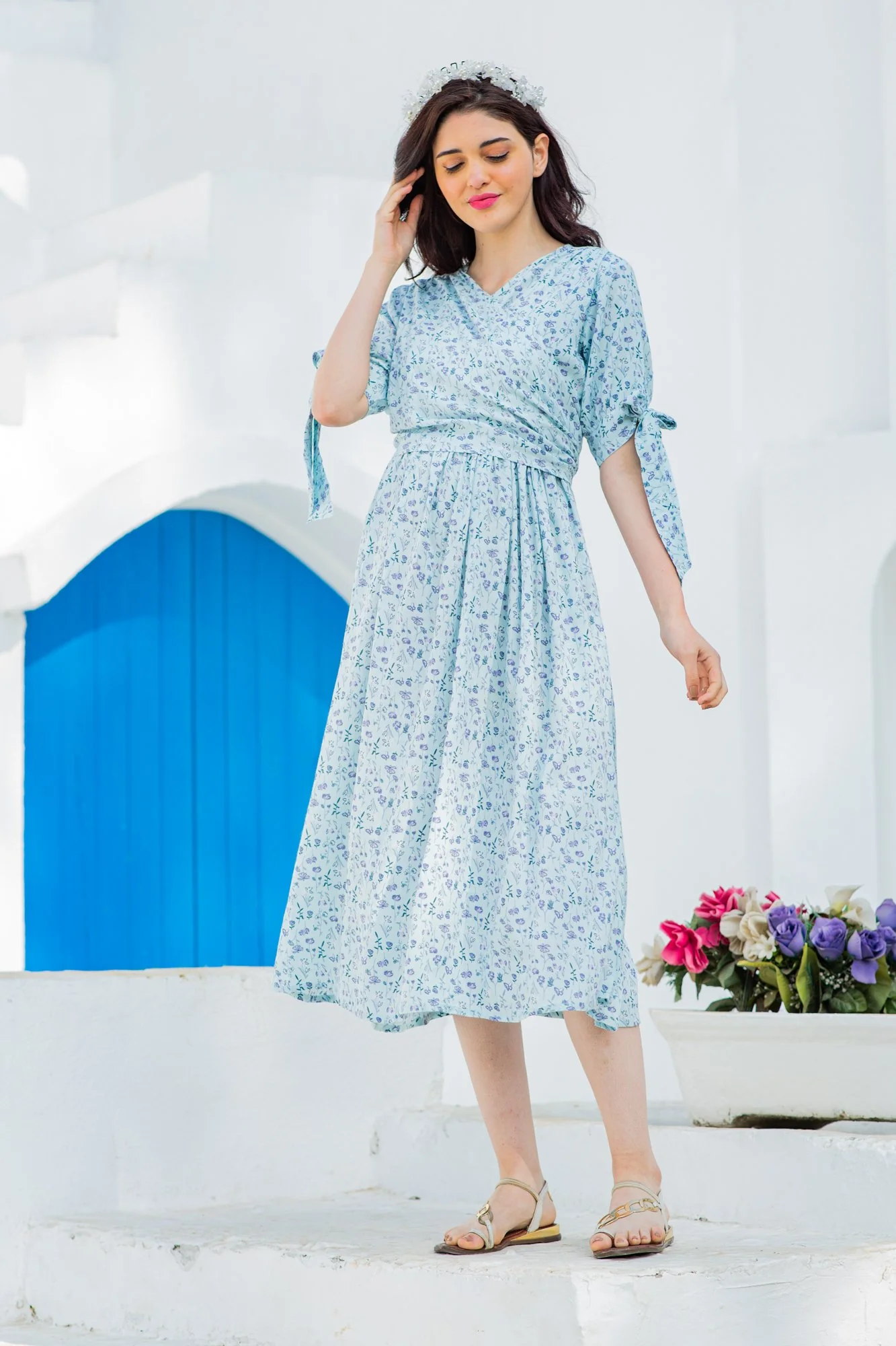 Pastel Sky Blue Maternity & Nursing Wrap Midi Dress - Chenance