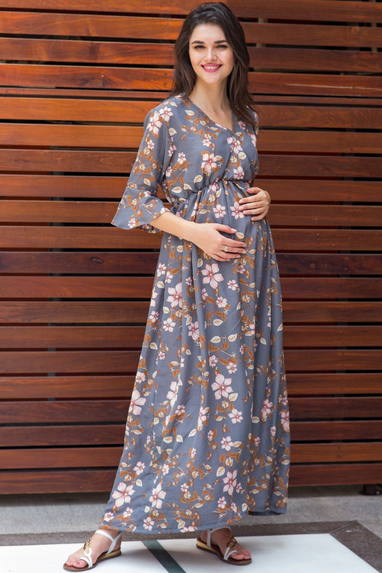 Flint Grey Floral Flared Sleeve Wrap Front Dress - Chenance