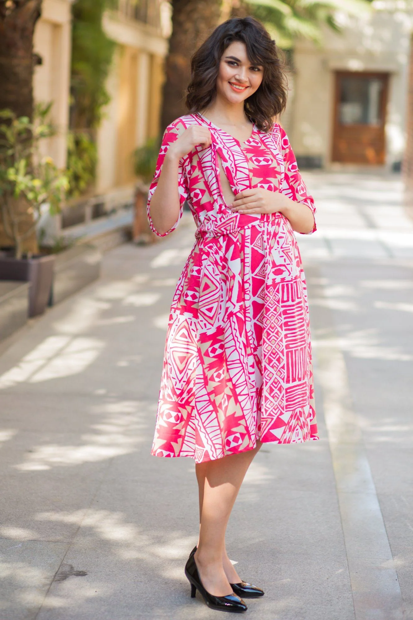 Tuscan Pink Abstract Maternity & Nursing Dress - Chenance