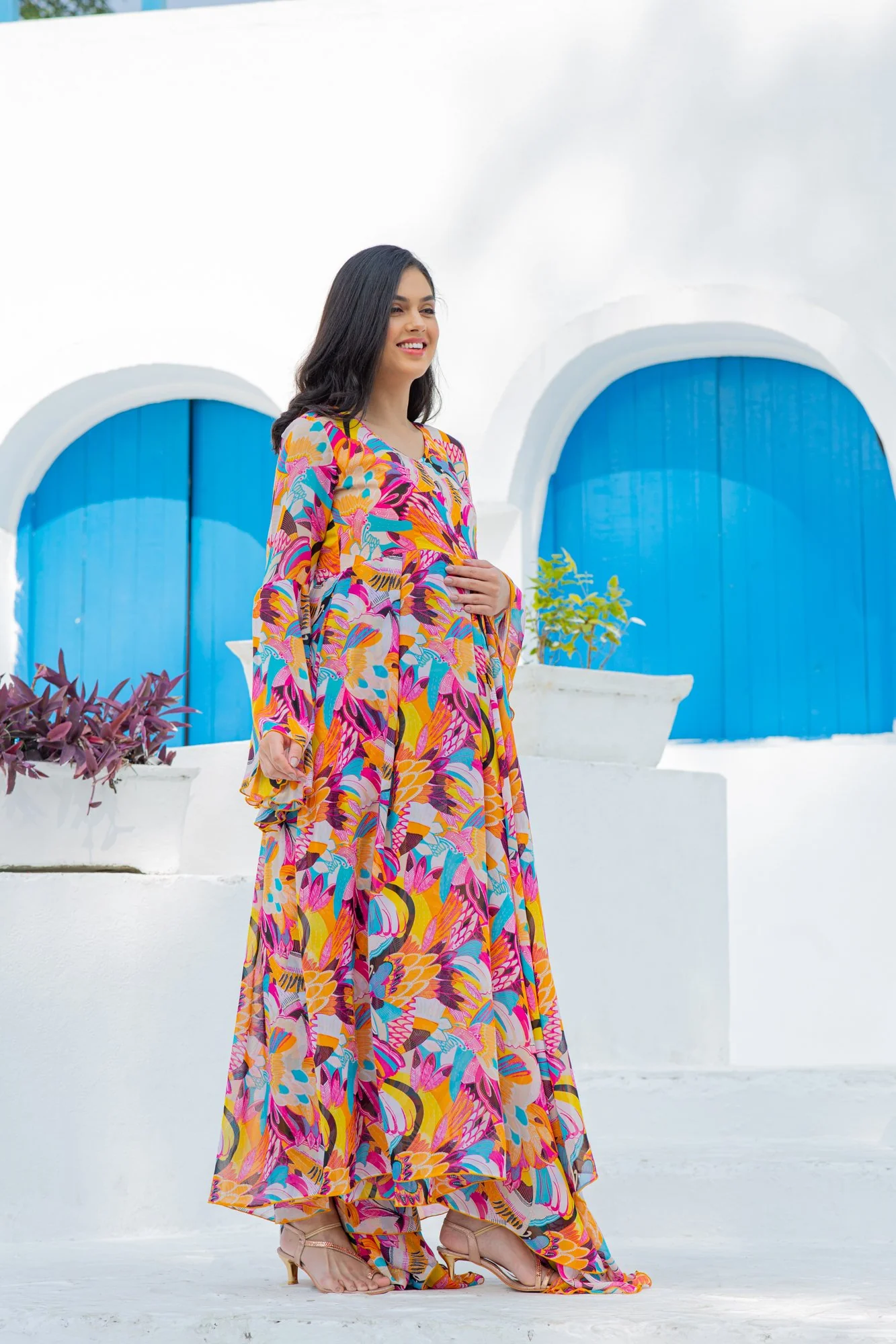 Vibrant Boho Maternity & Nursing Flair Concealed Zip Dress - Chenance