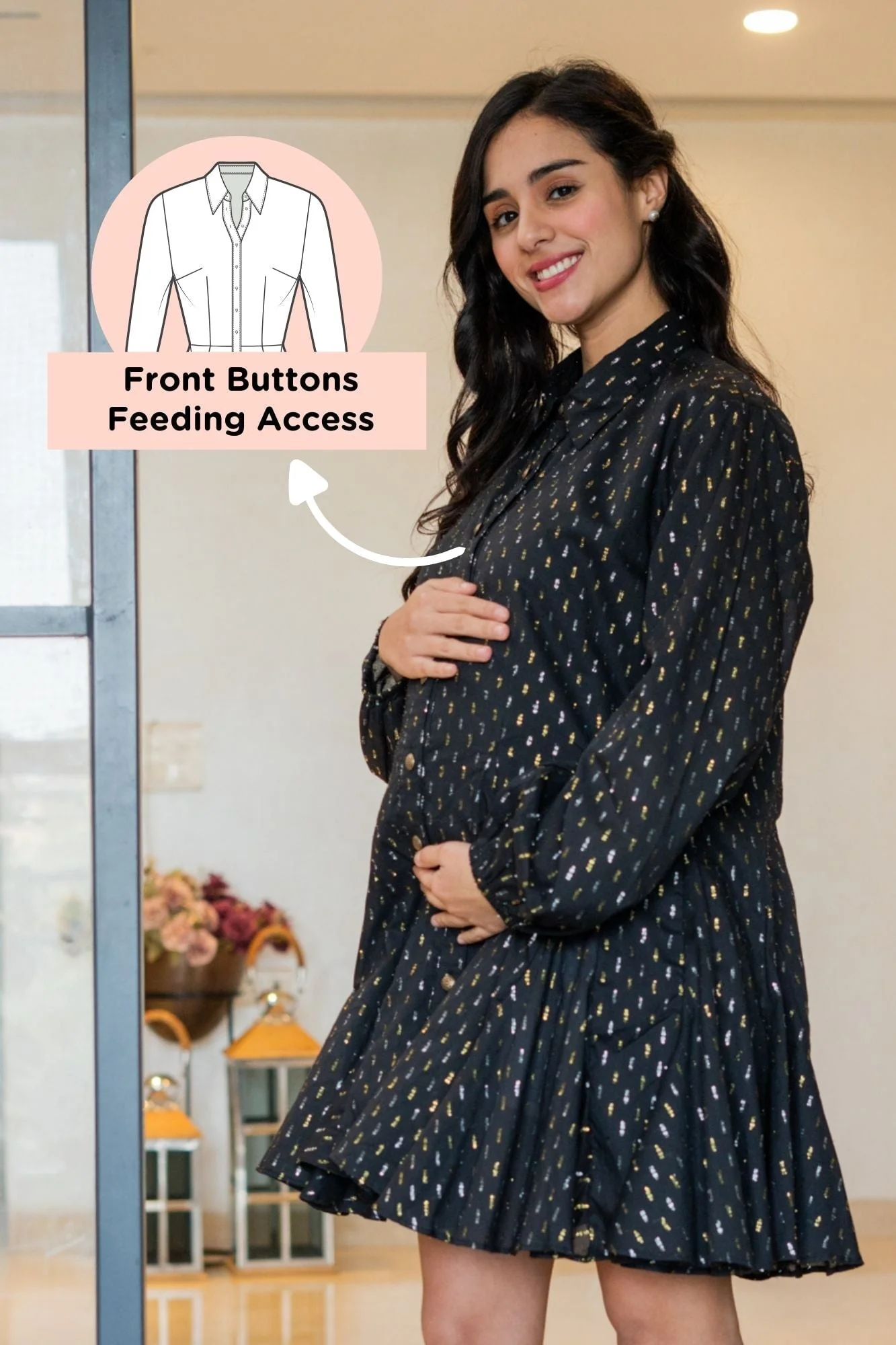 Classic Black Sprinkle Maternity & Nursing Shirt Dress (100% Cotton) - Chenance