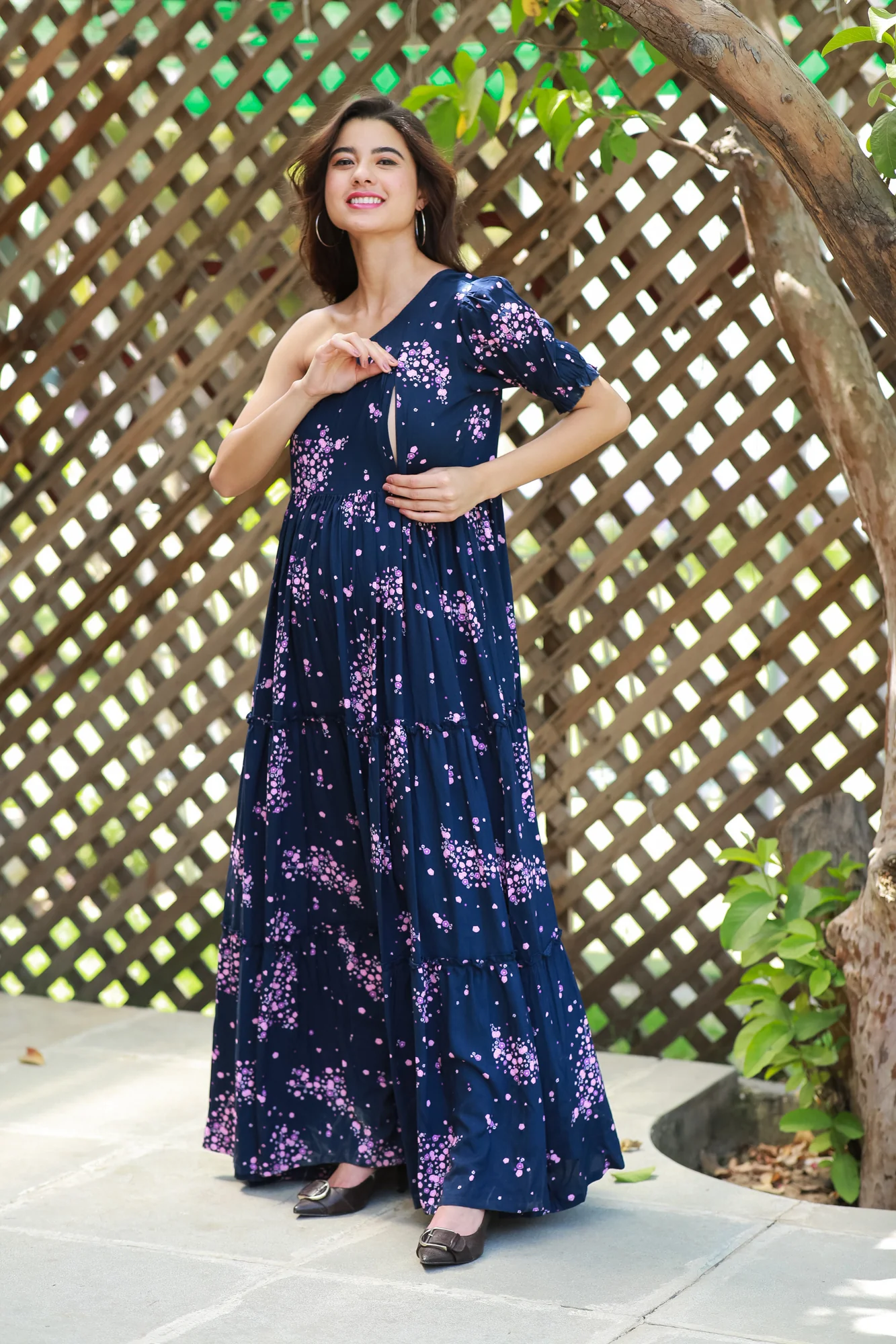 Twilight Floral Maternity & Nursing One-Shoulder Viscose Dress - Chenance