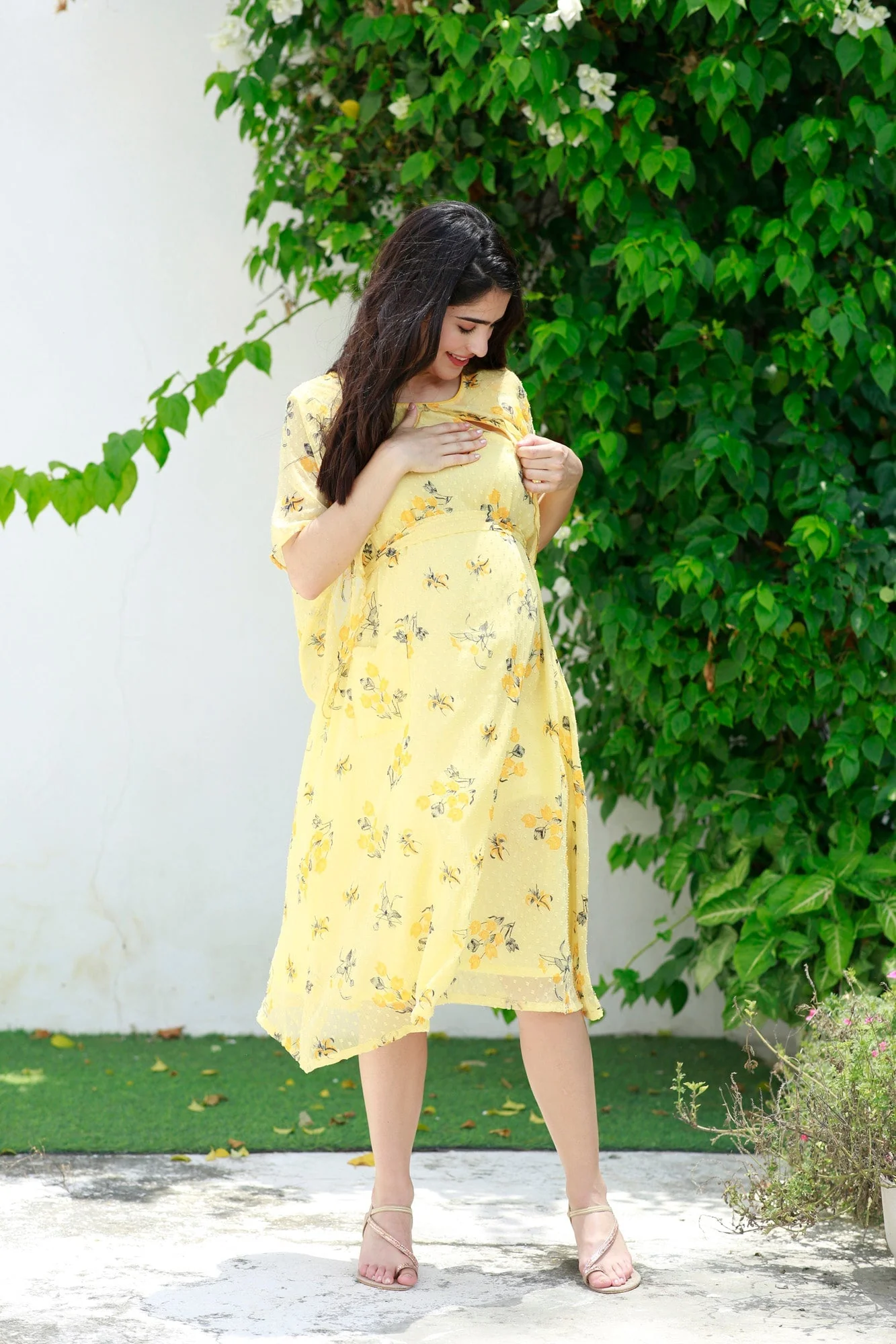 Yellowish Cream Blossom Maternity & Nursing Dress - Chenance