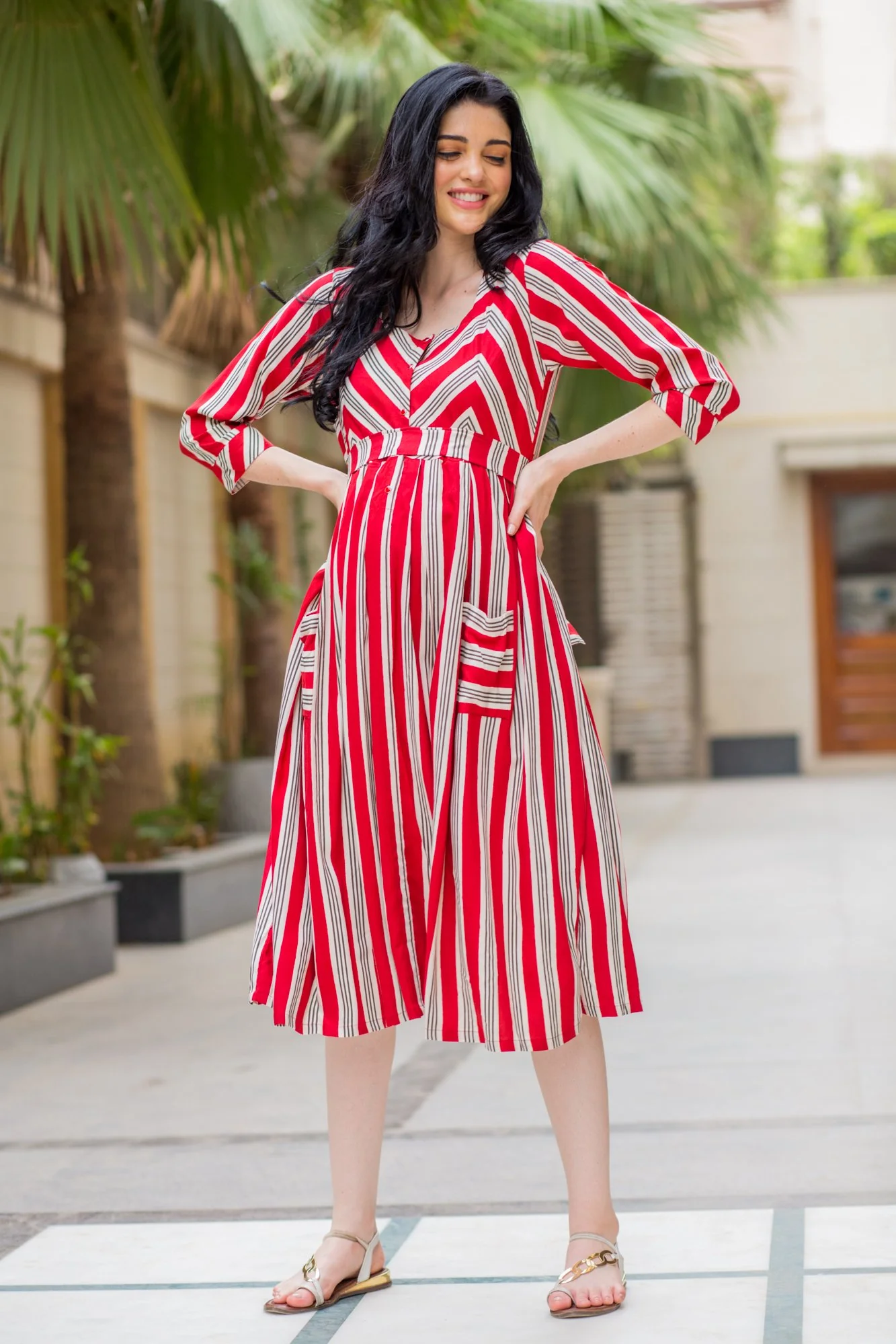 Unique Maroon Pocket Striped Maternity & Nursing Dress - Chenance