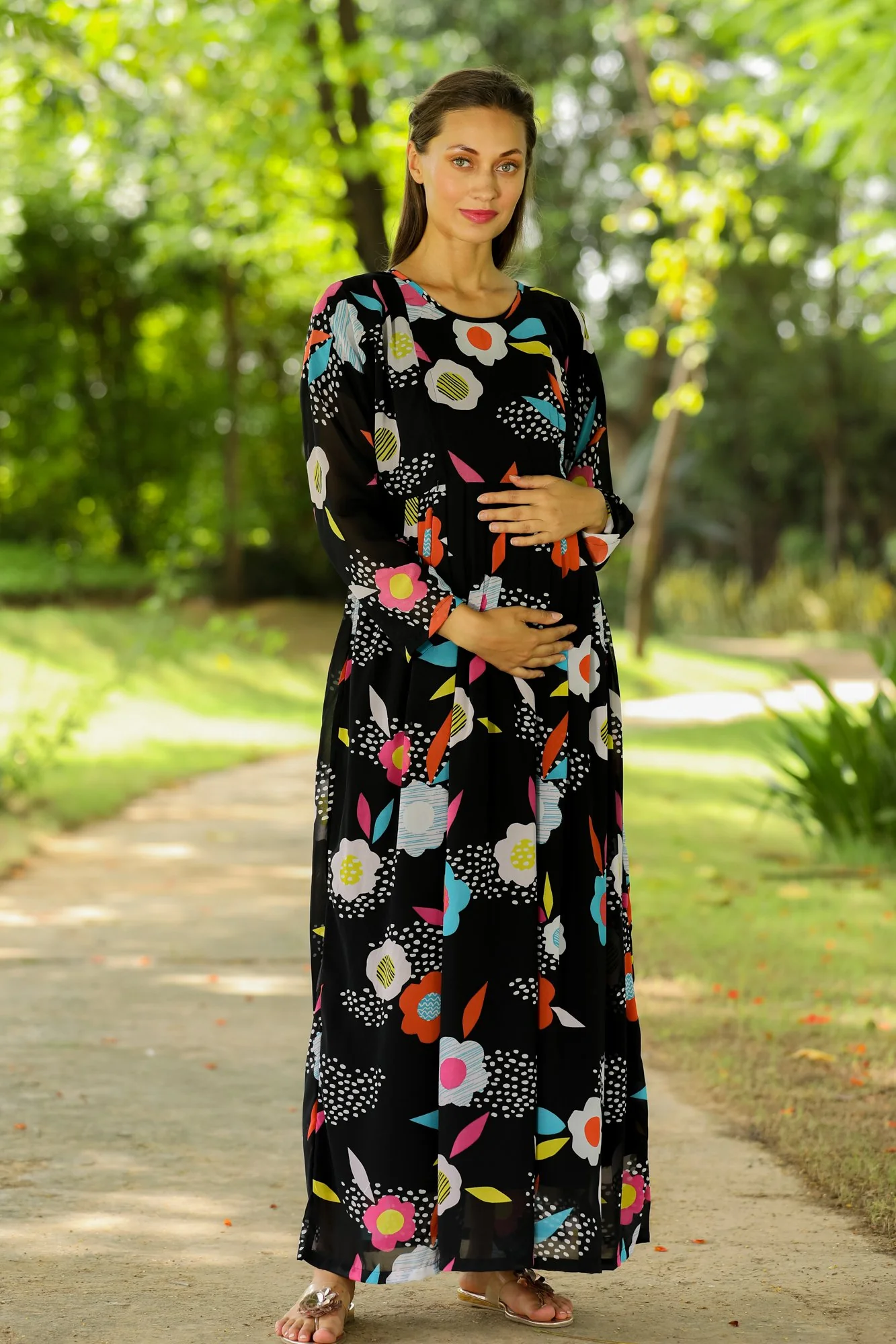 Vivacious Flowerbomb Concealed Zip Maternity & Nursing Maxi - Chenance