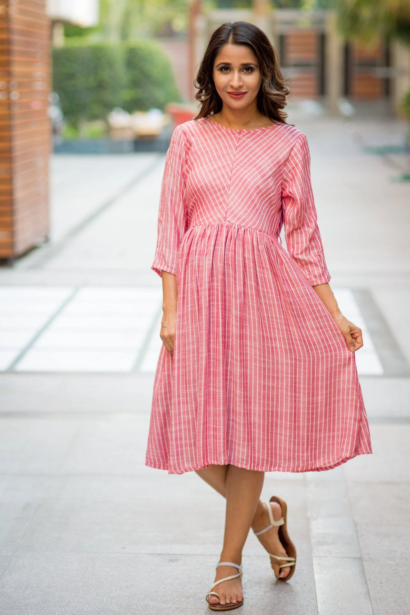 Red Striped Front Zip Nursing Cotton Dress - Chenance