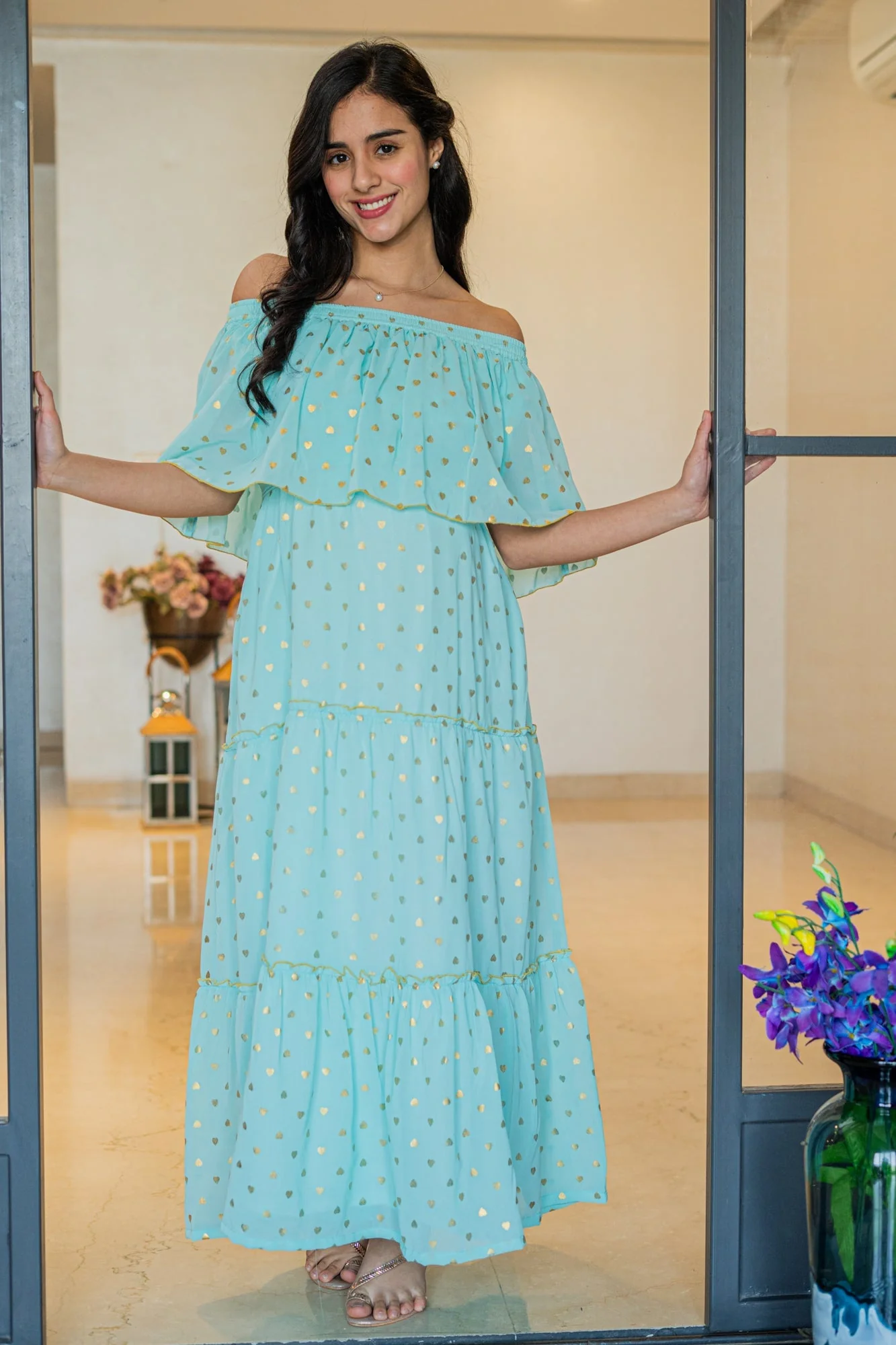 Classy Mint Love Off-Shoulder Chiffon Maternity Maxi Dress - Chenance