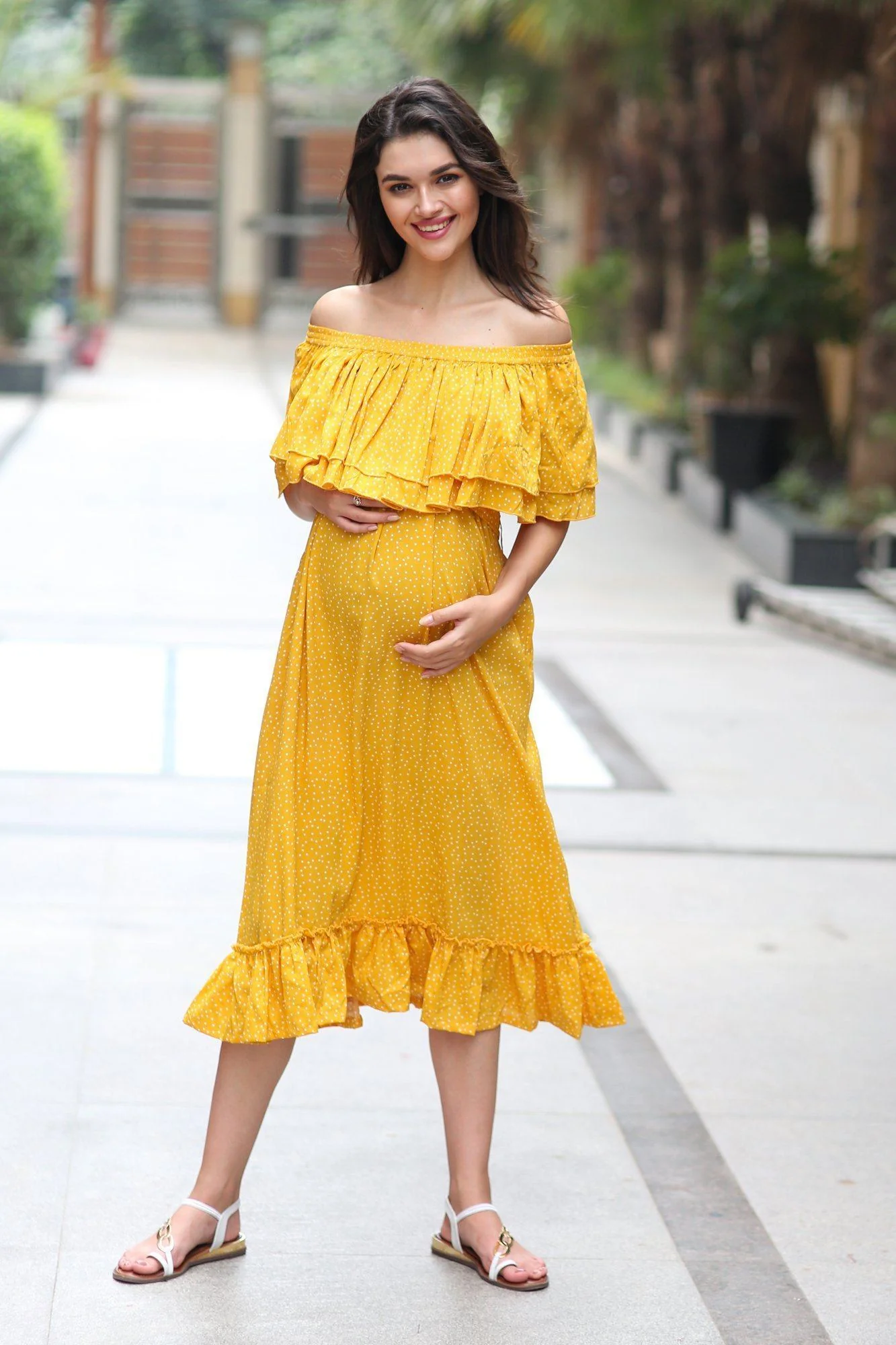 Sunrise Mustard Polka Off-Shoulder Maternity Maxi - Chenance