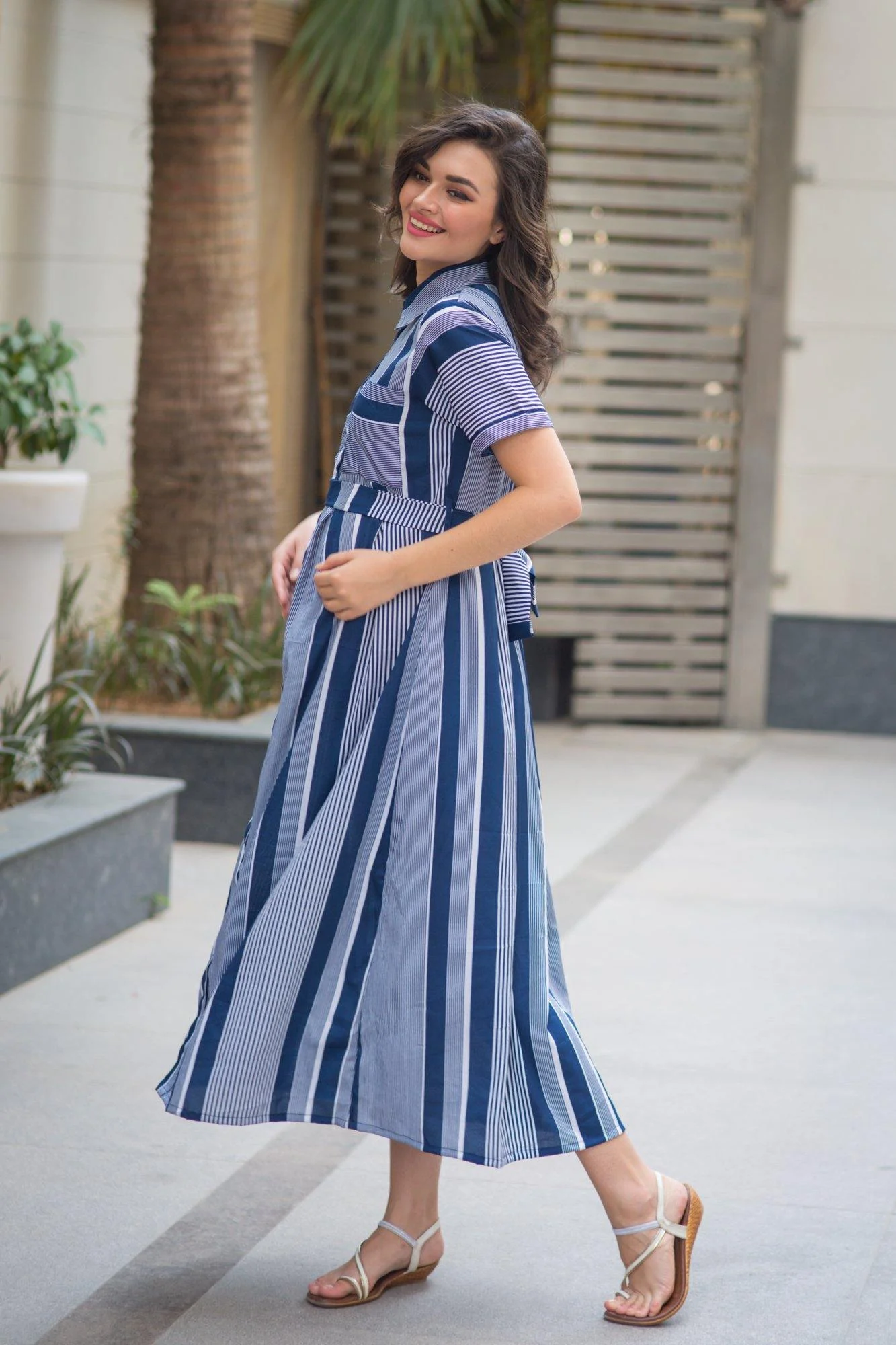 Alum Striped Nursing Crepe Dress - Chenance