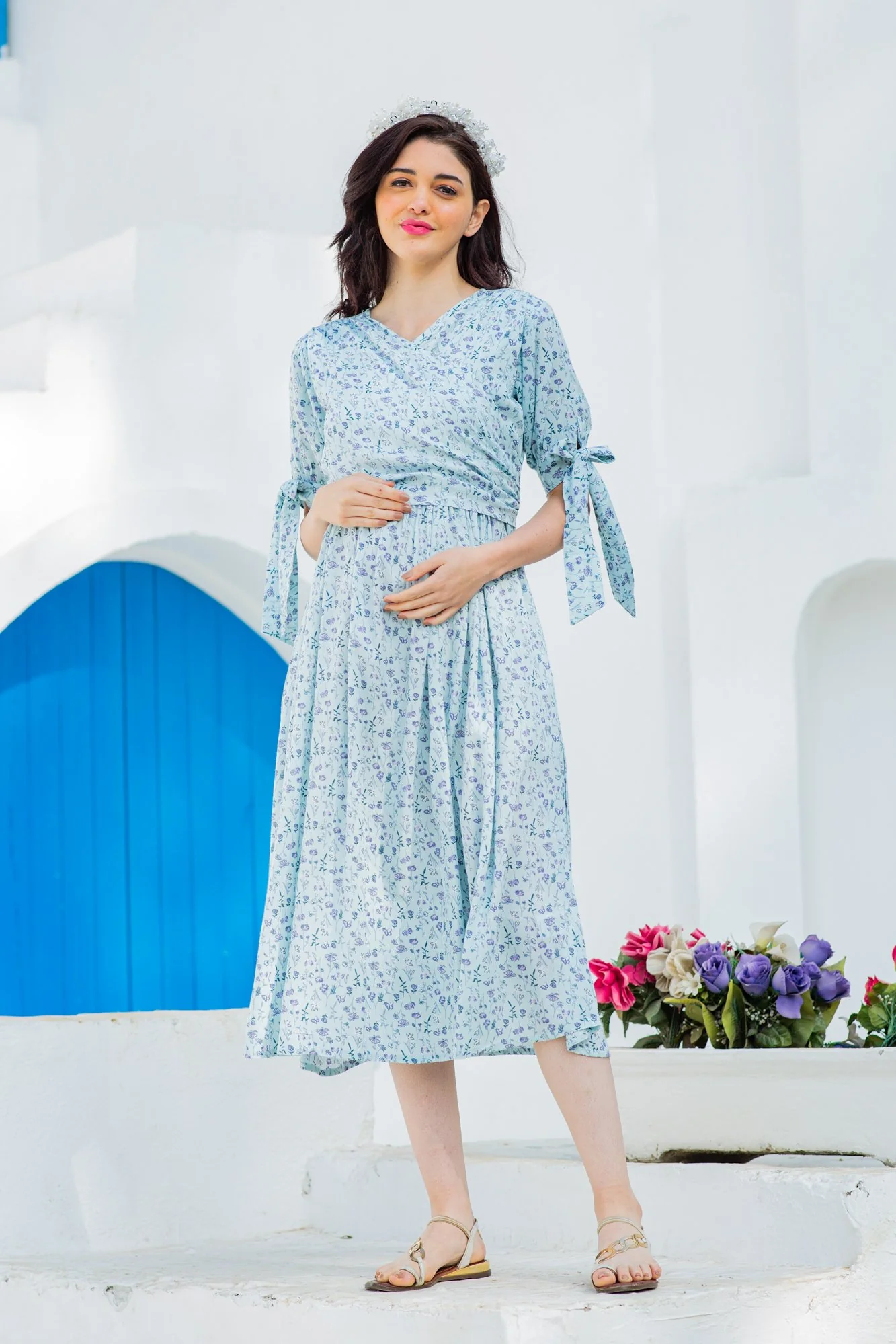 Pastel Sky Blue Maternity & Nursing Wrap Midi Dress - Chenance