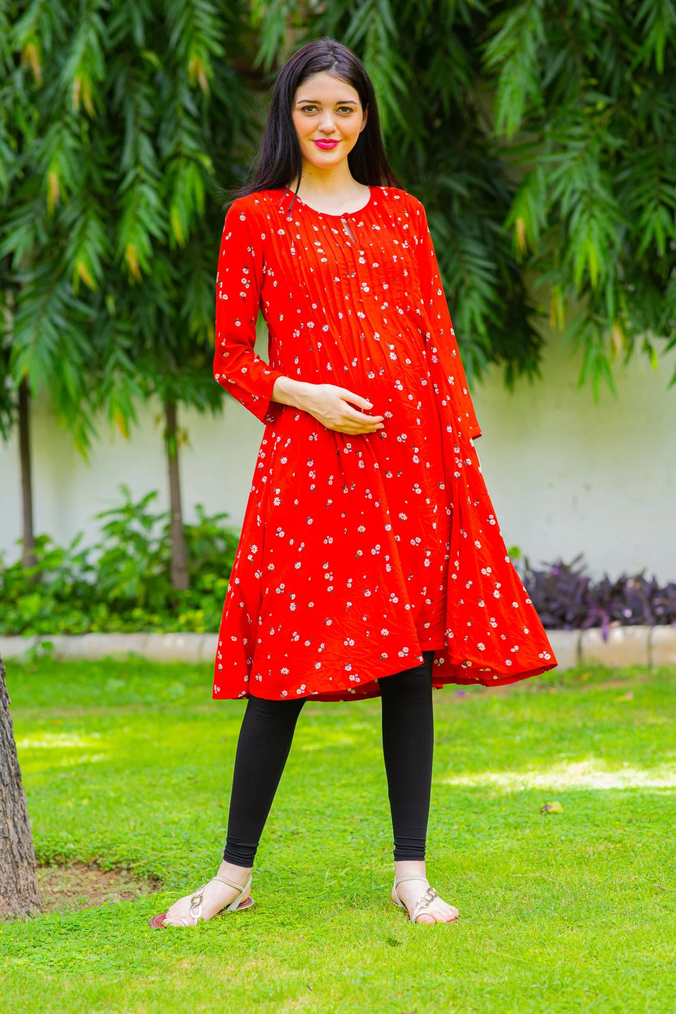 Crimson Red Maternity & Nursing Pintucks Dress - Chenance