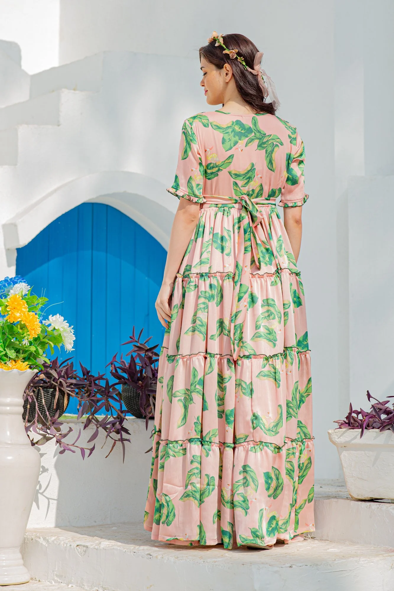 Silk Multilayer Peach Frill Single Concealed Zip Maternity & Nursing Dress - Chenance