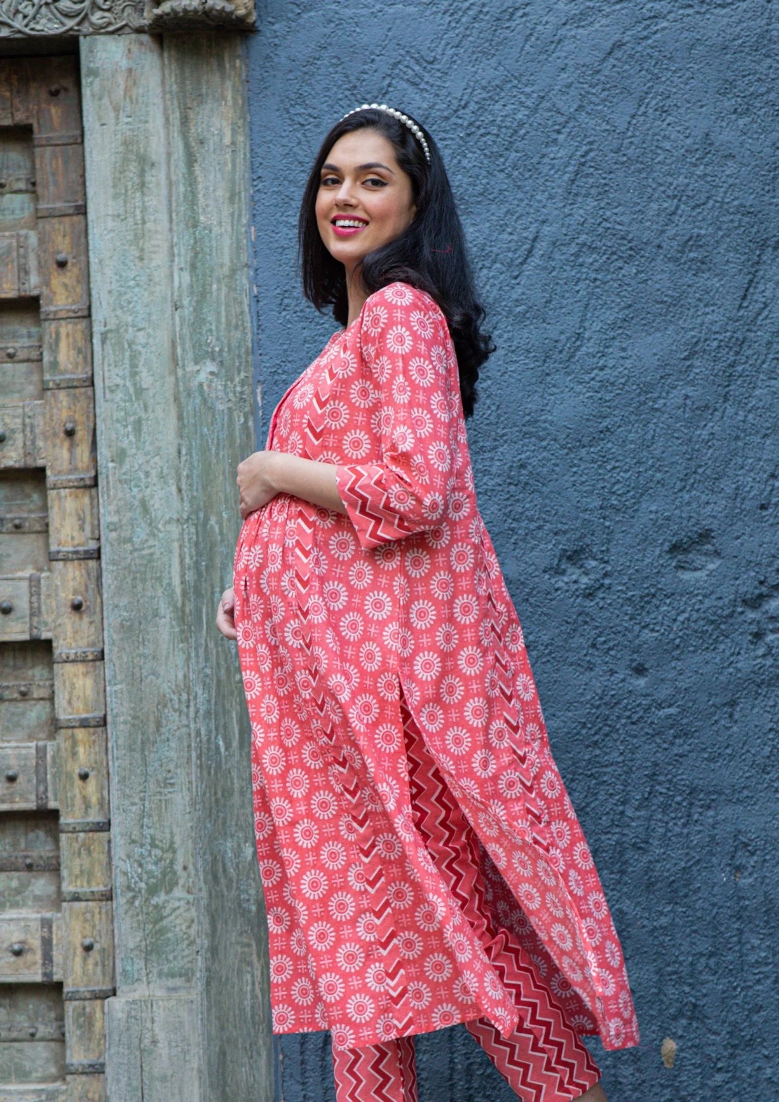 Apricot Floral Cotton Maternity and Nursing Long Top (100% Cotton) - Chenance