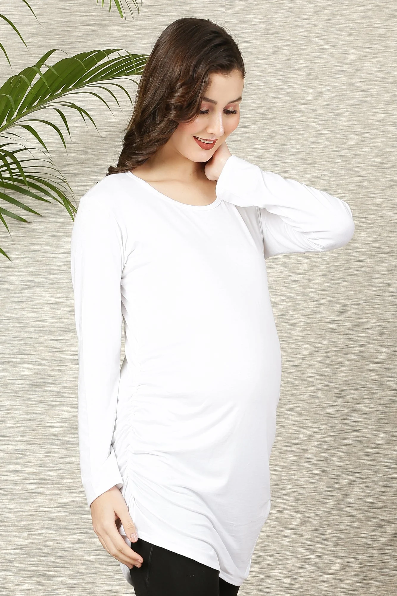 White Long Gathered Maternity Top - Chenance