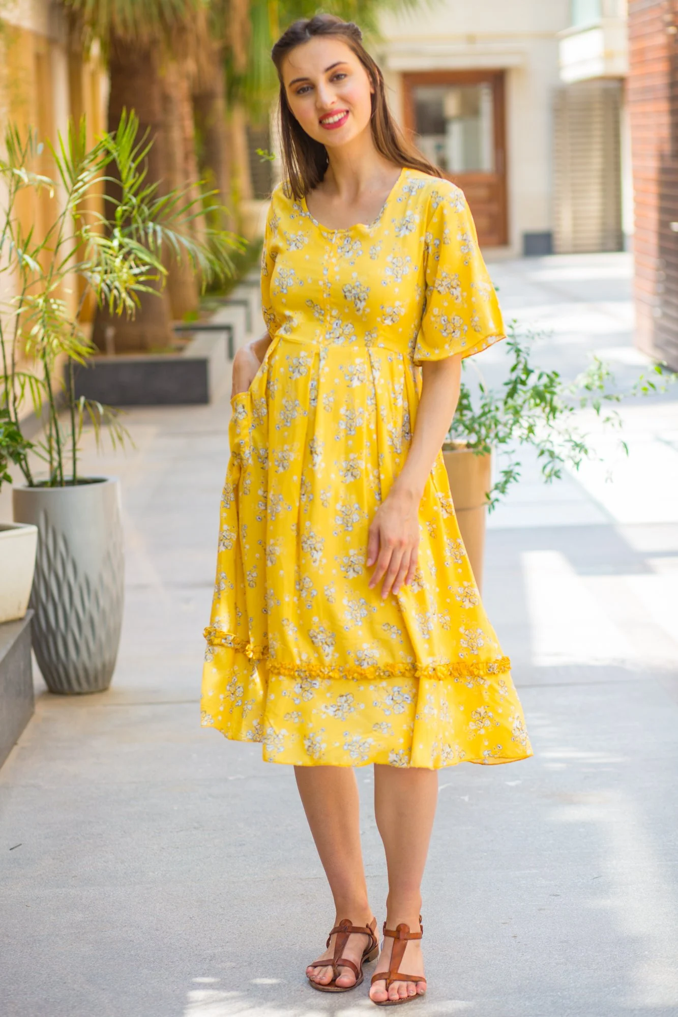 Sunshine Yellow Front Zip Maternity & Nursing Frill Dress - Chenance