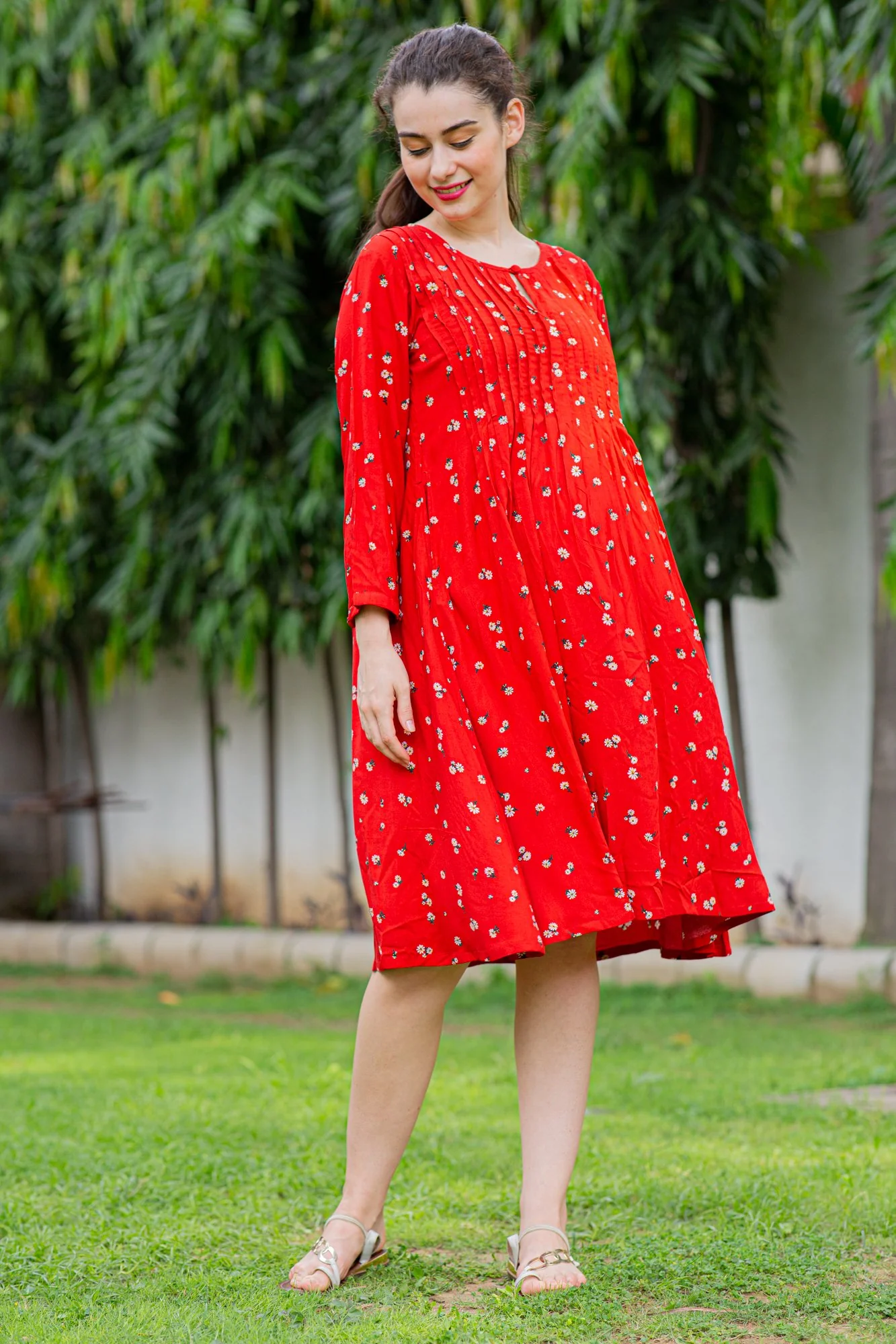 Crimson Red Maternity & Nursing Pintucks Dress - Chenance