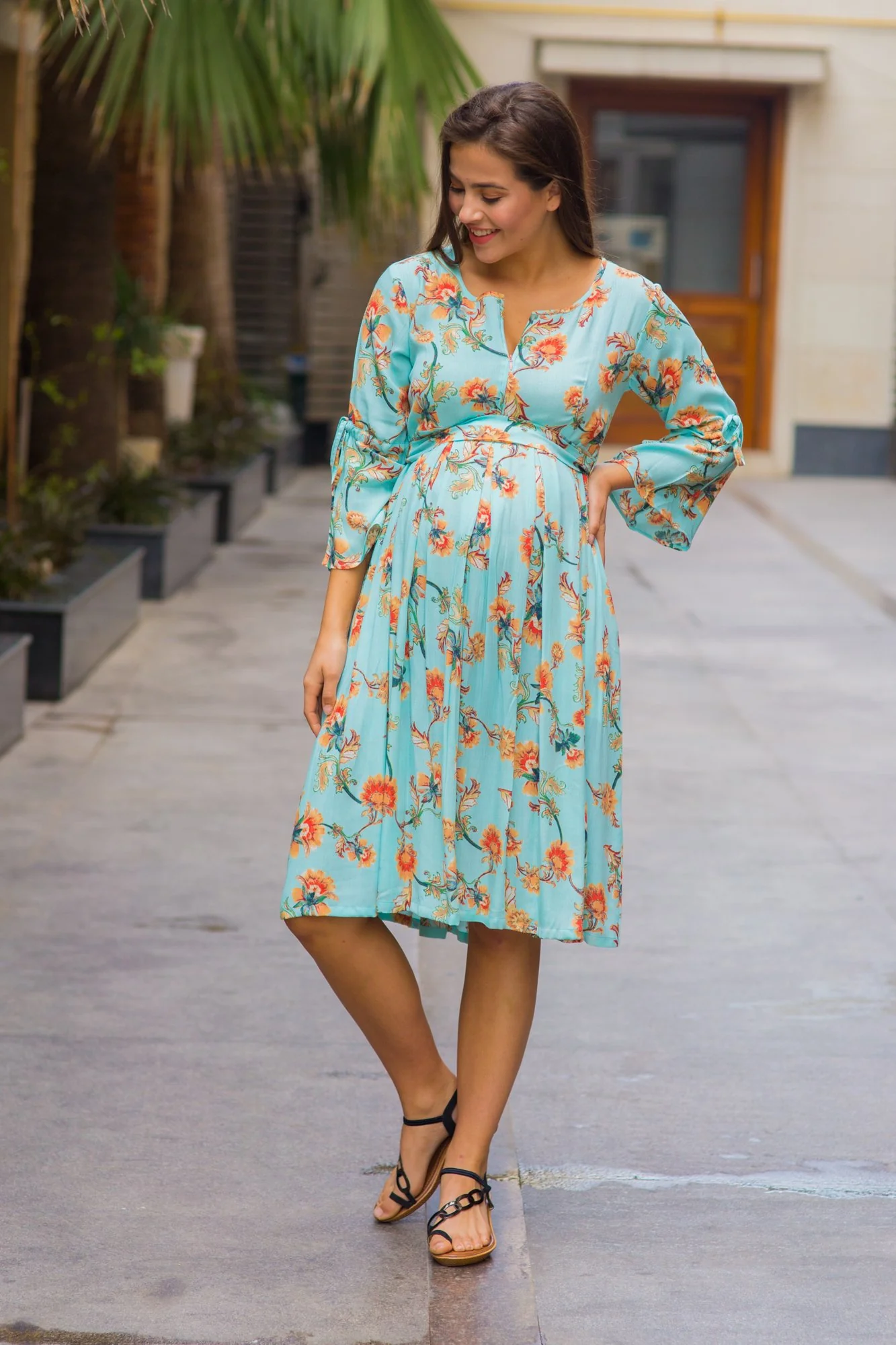 Sky Blue Paisley Tie Maternity & Nursing Dress - Chenance