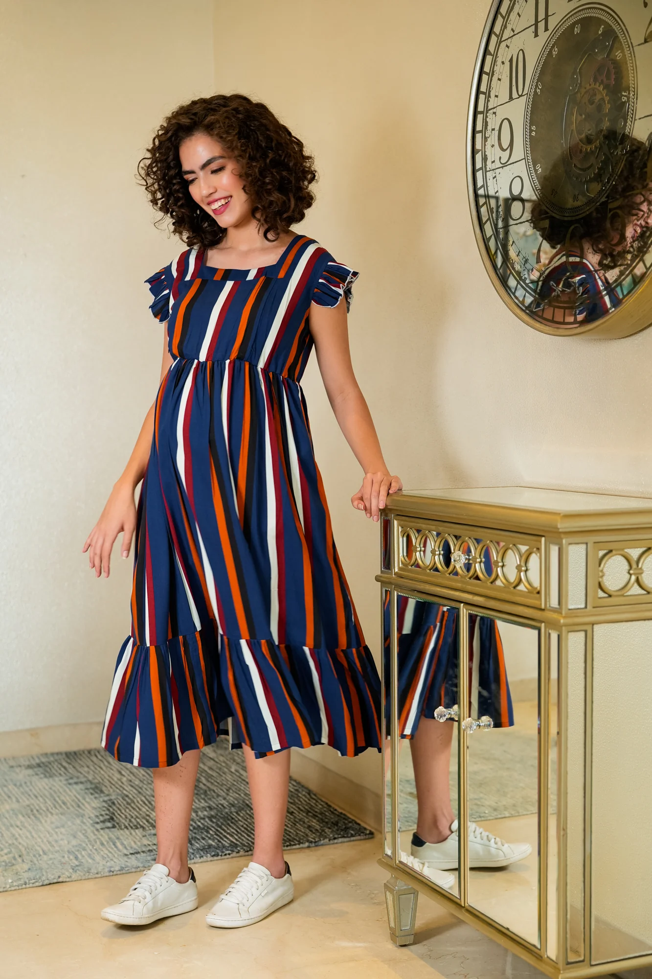 Vivacious French Navy Stripe Maternity & Nursing Dress (100% Cotton) - Chenance