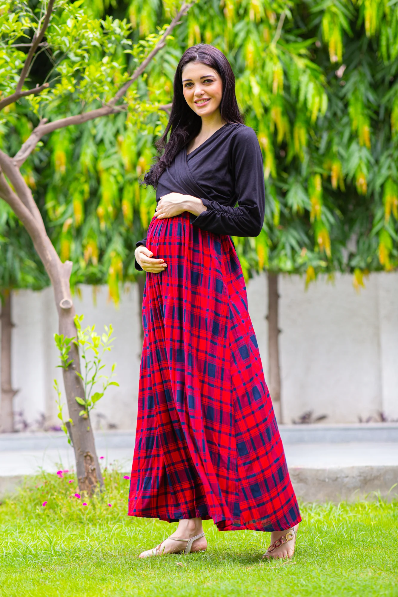 Elegant Red Check Maternity & Nursing Wrap Dress - Chenance