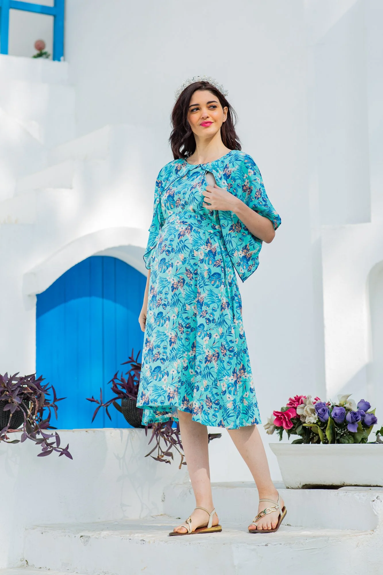 Blue Water Lilly Maternity & Nursing Flap Dress - Chenance