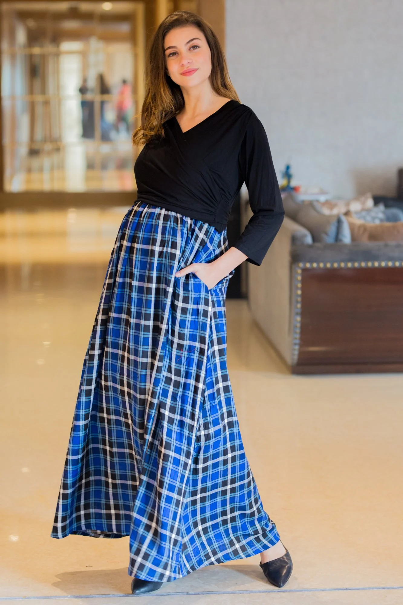 Classic Azure Plaid Maternity & Nursing Wrap Dress - Chenance