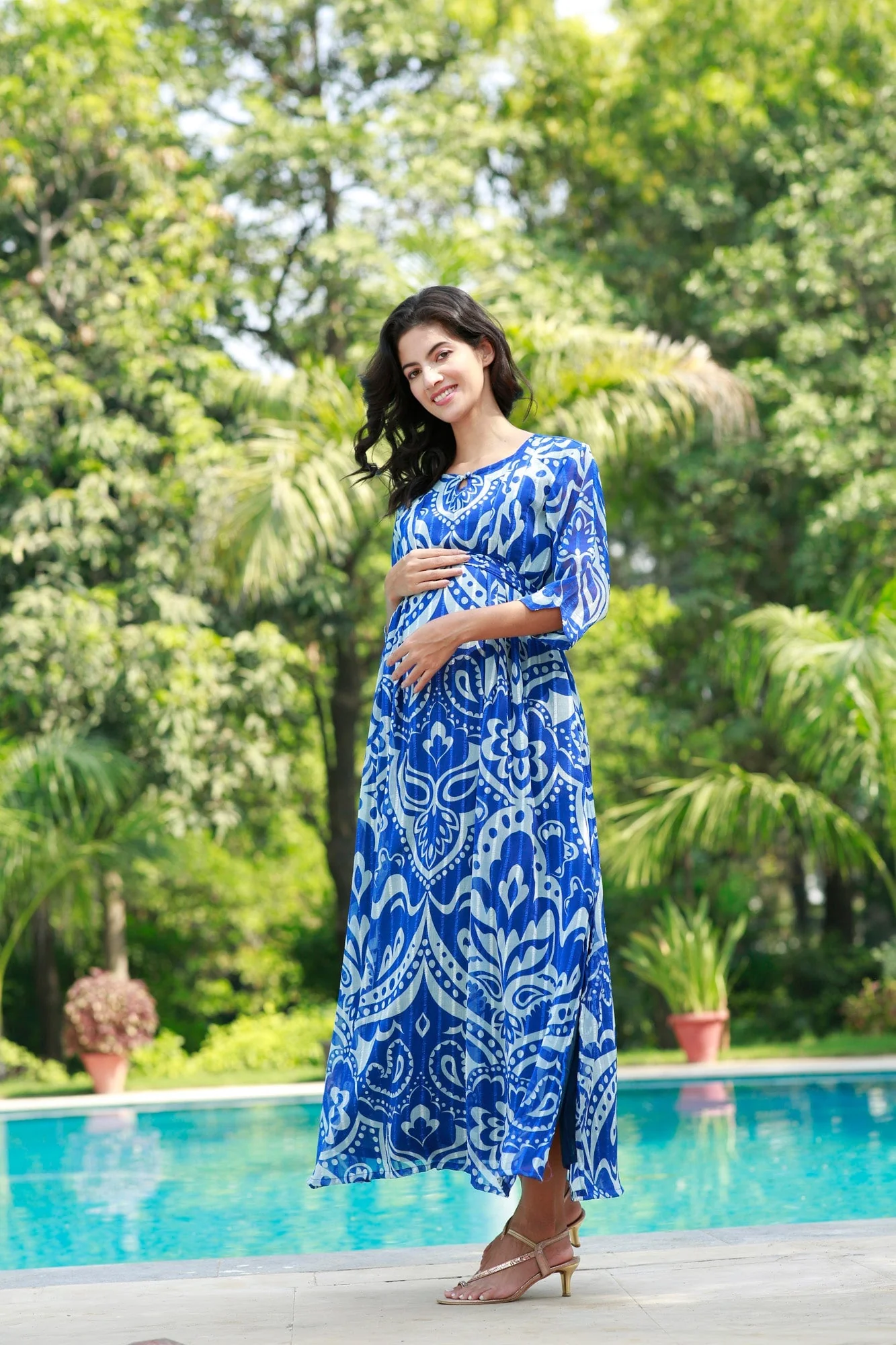 Azure Paisley Art Slit Concealed Zips Maternity & Nursing Dress - Chenance