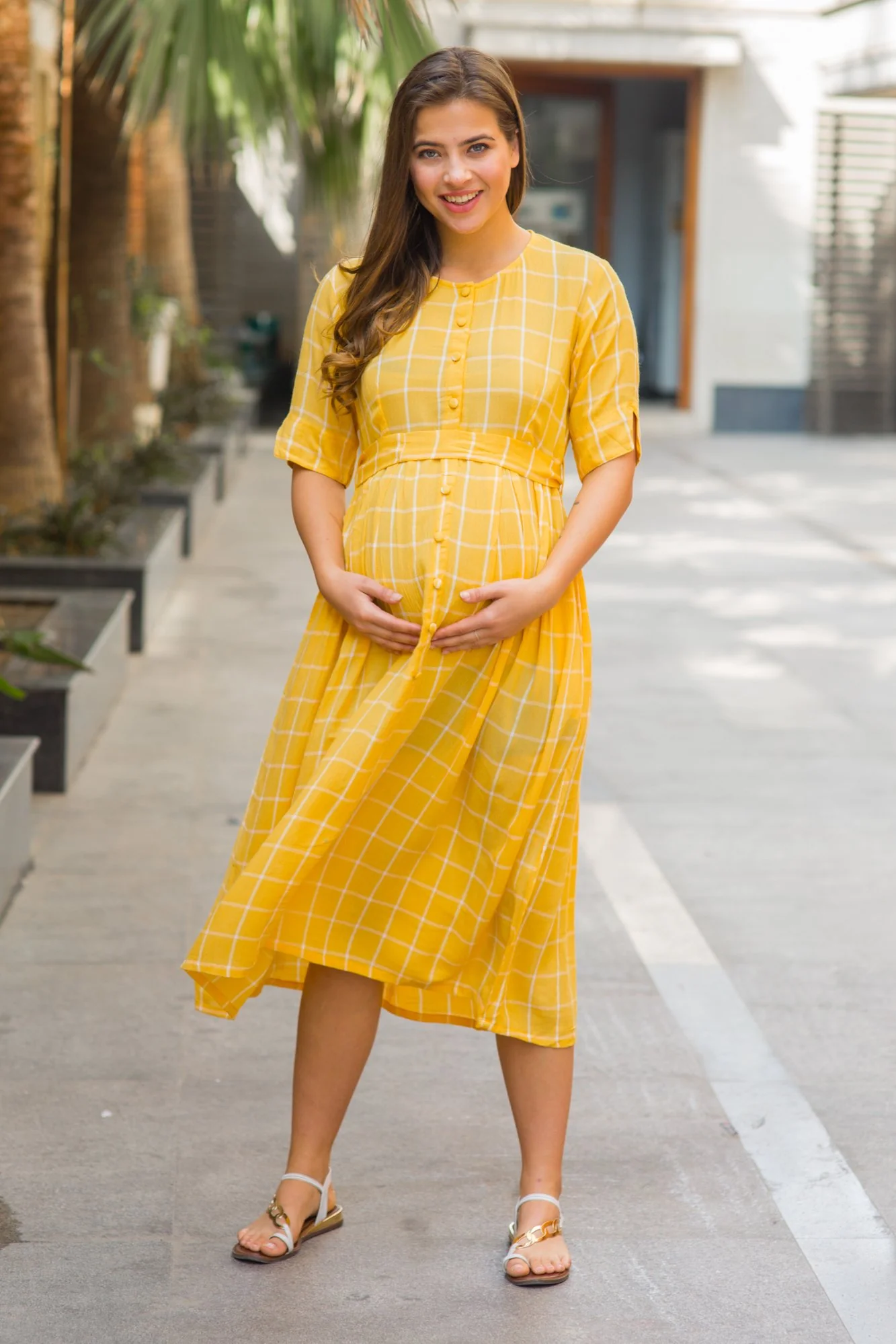 Yellow Check Cotton Maternity and Nursing Dress - Chenance