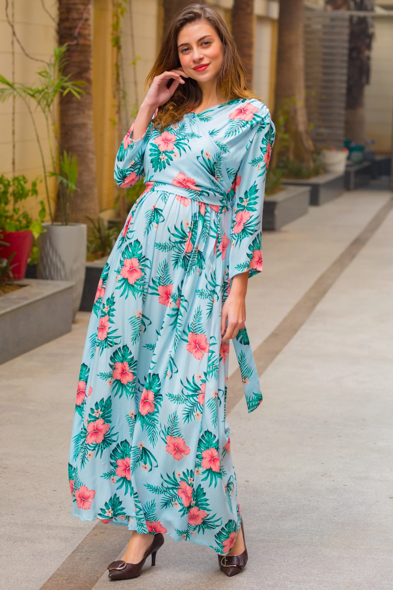 Aqua Hibiscus Maternity & Nursing Wrap Dress - Chenance