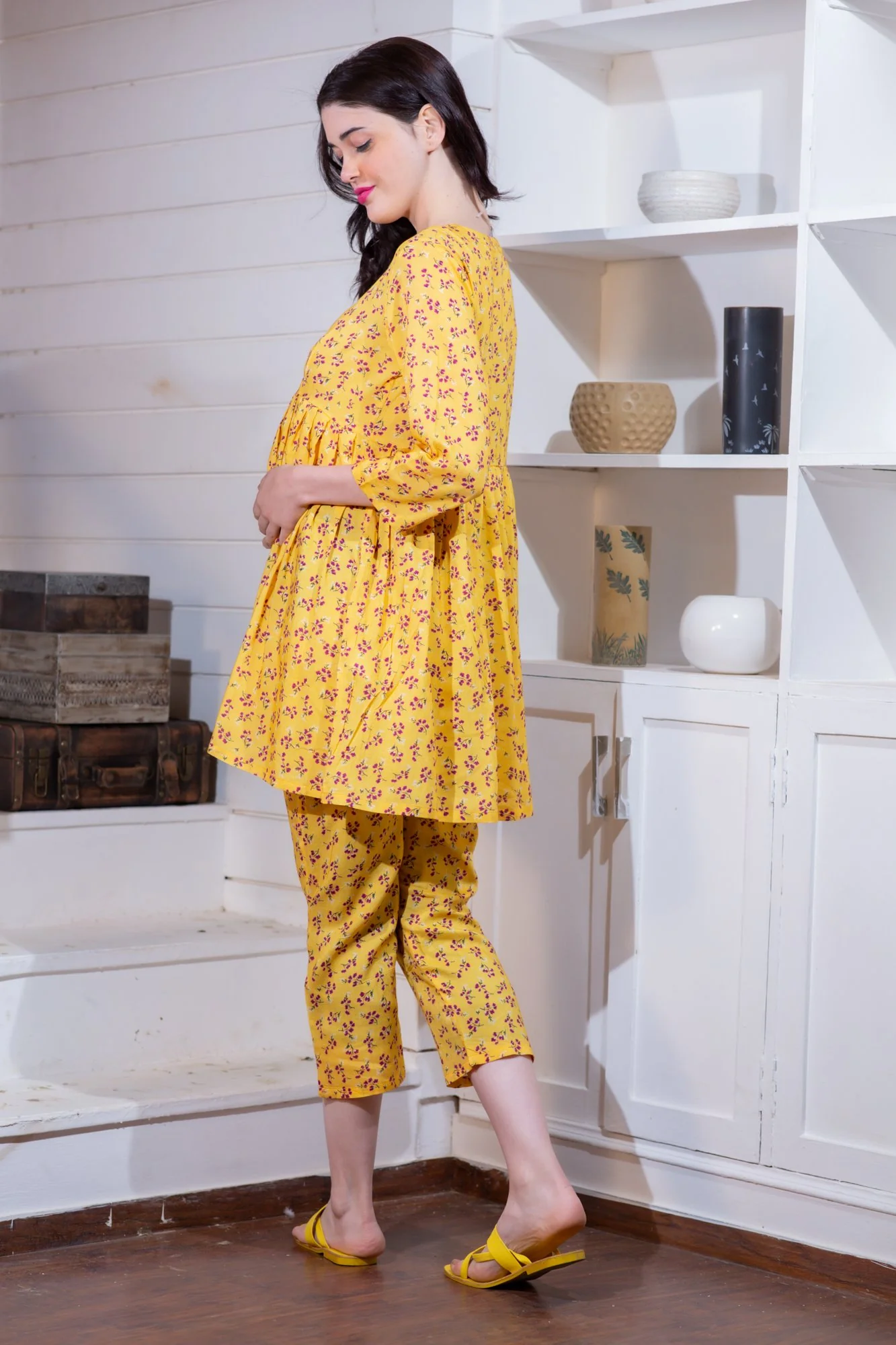Angelic Yellow Maternity & Nursing Night Suit Set - Chenance