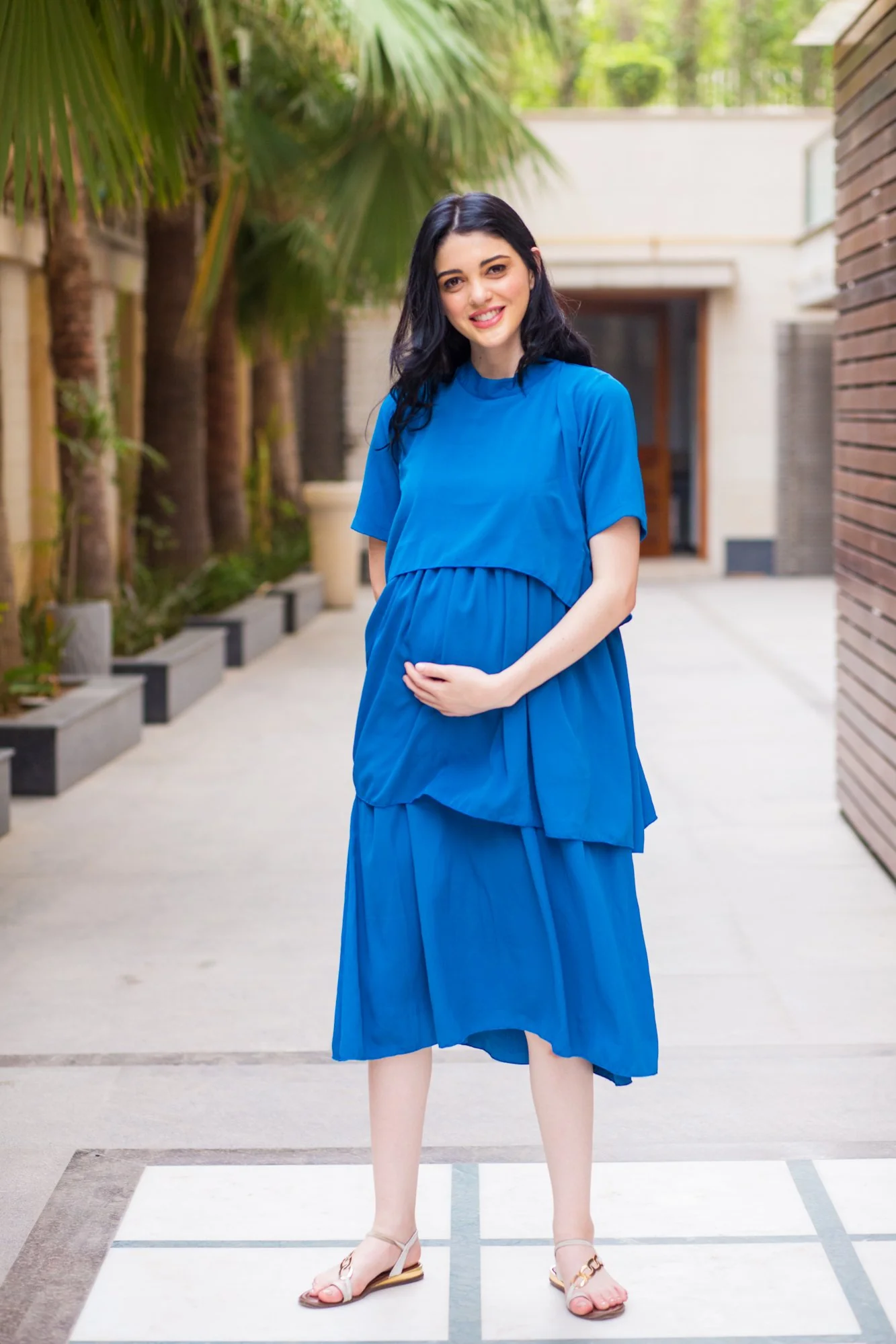 Teal Blue Layered Maternity & Nursing Dress - Chenance