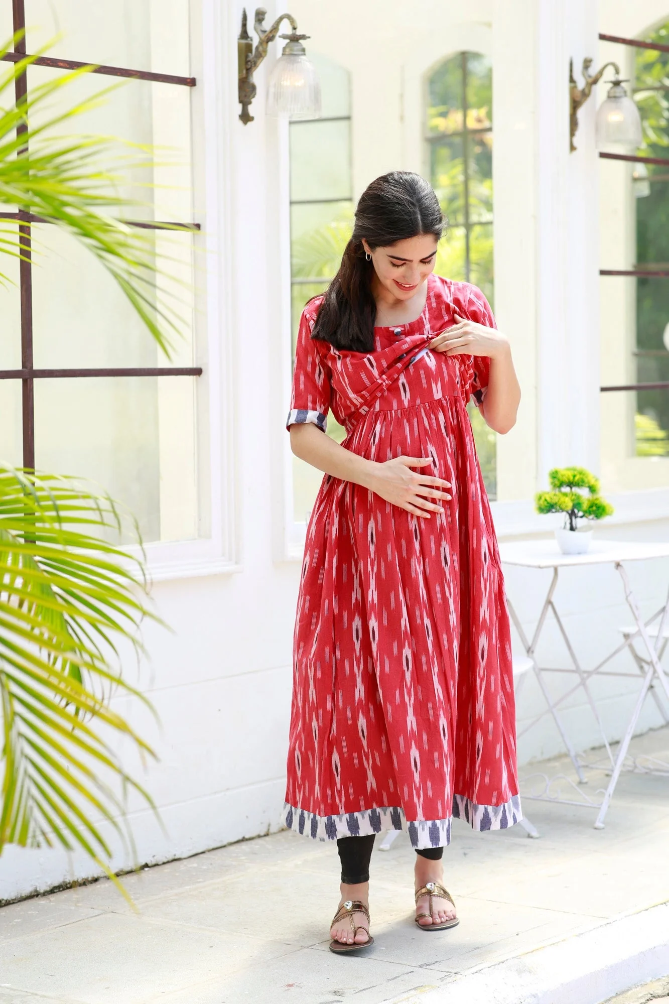 Love Berry Red Ikat Maternity & Nursing Kurta (100% Cotton) - Chenance