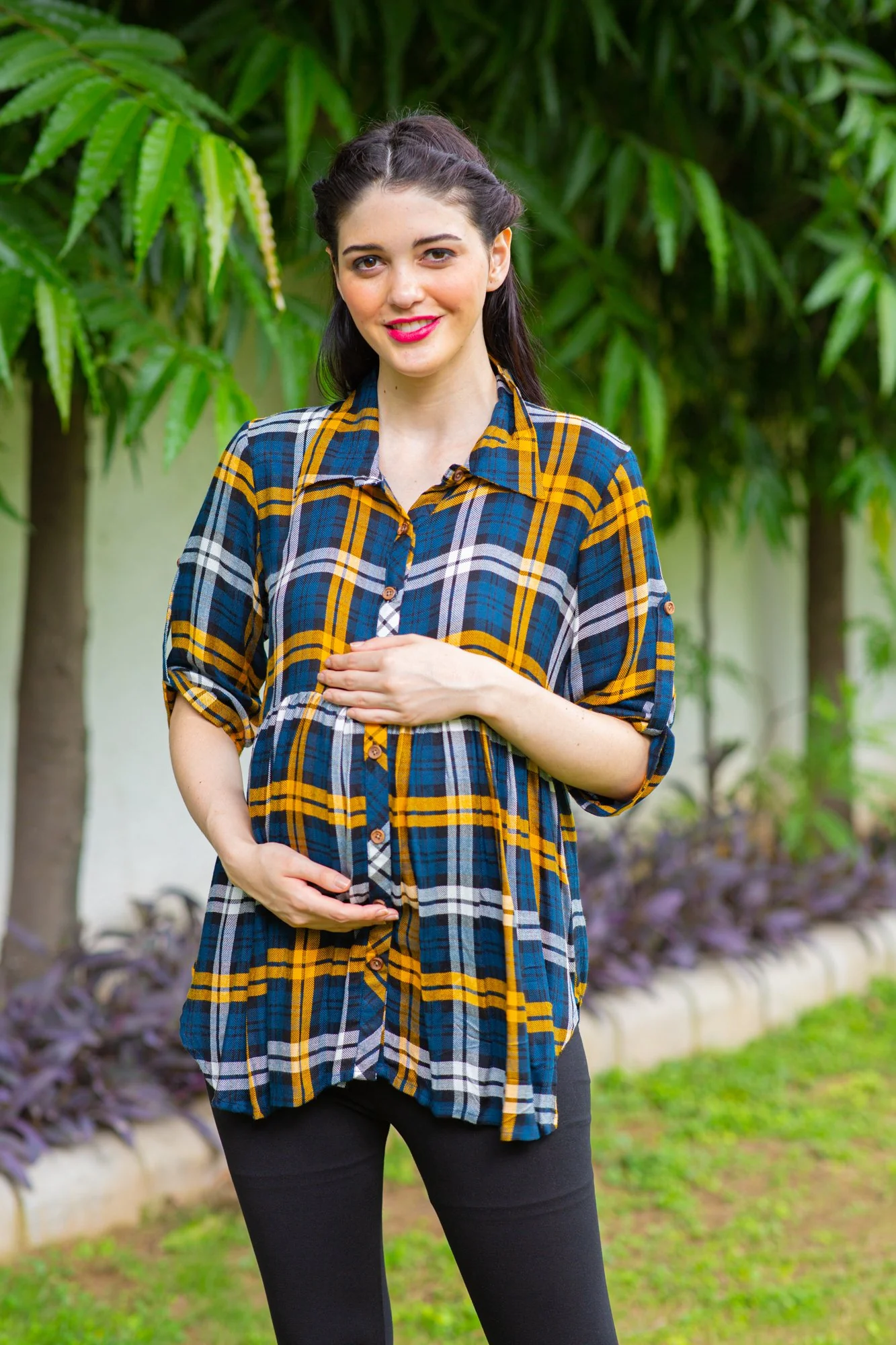 Classy Plaid Gathered Maternity & Nursing Top - Chenance