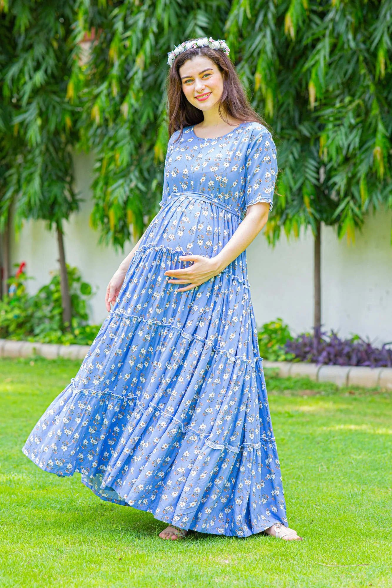 Baby Blue Frill Maternity & Nursing Dress - Chenance